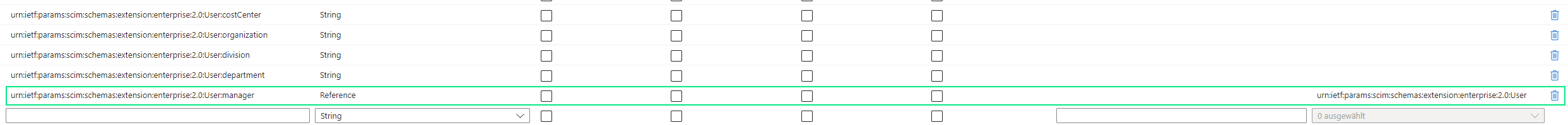 Attributliste für SoSafe-User in Microsoft Entra ID mit der markierten Zeile für das Attribut manager, dessen Typ auf Reference gesetzt ist, unterhalb weiterer String-Attribute wie costCenter, organization und department.