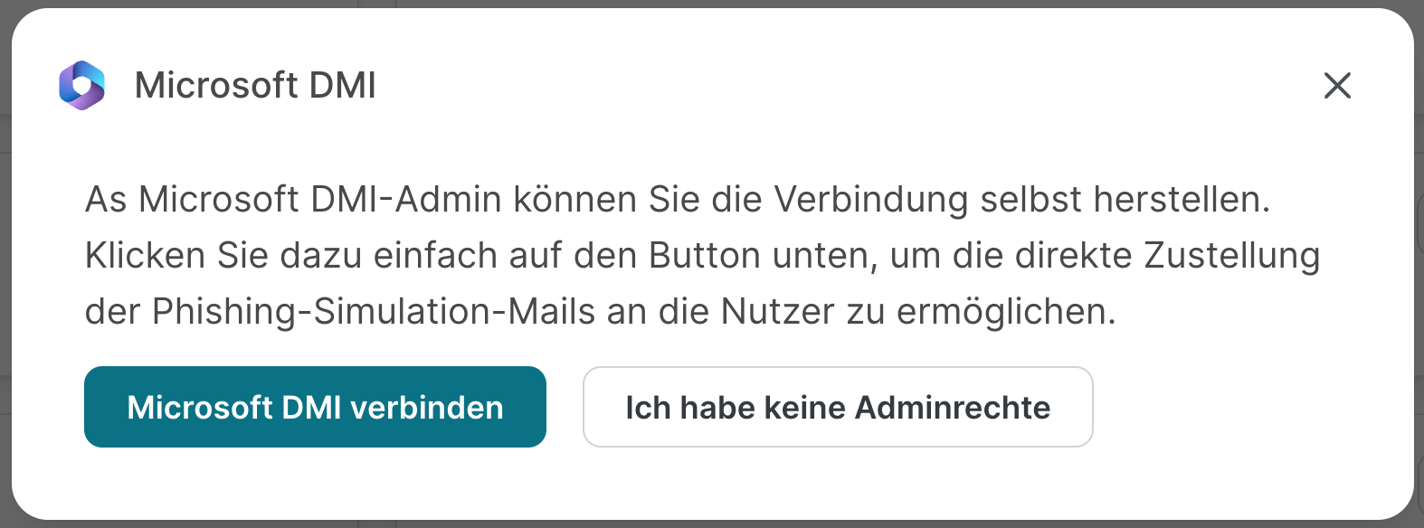 Dialogfenster Microsoft DMI im SoSafe Manager mit Erläuterungstext zur Verbindung und den beiden Schaltflächen Microsoft DMI verbinden und Ich habe keine Adminrechte.