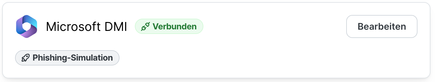 Kachel Microsoft DMI im SoSafe Manager mit dem grünen Status Verbunden, dem Tag Phishing-Simulation und der Schaltfläche Bearbeiten.