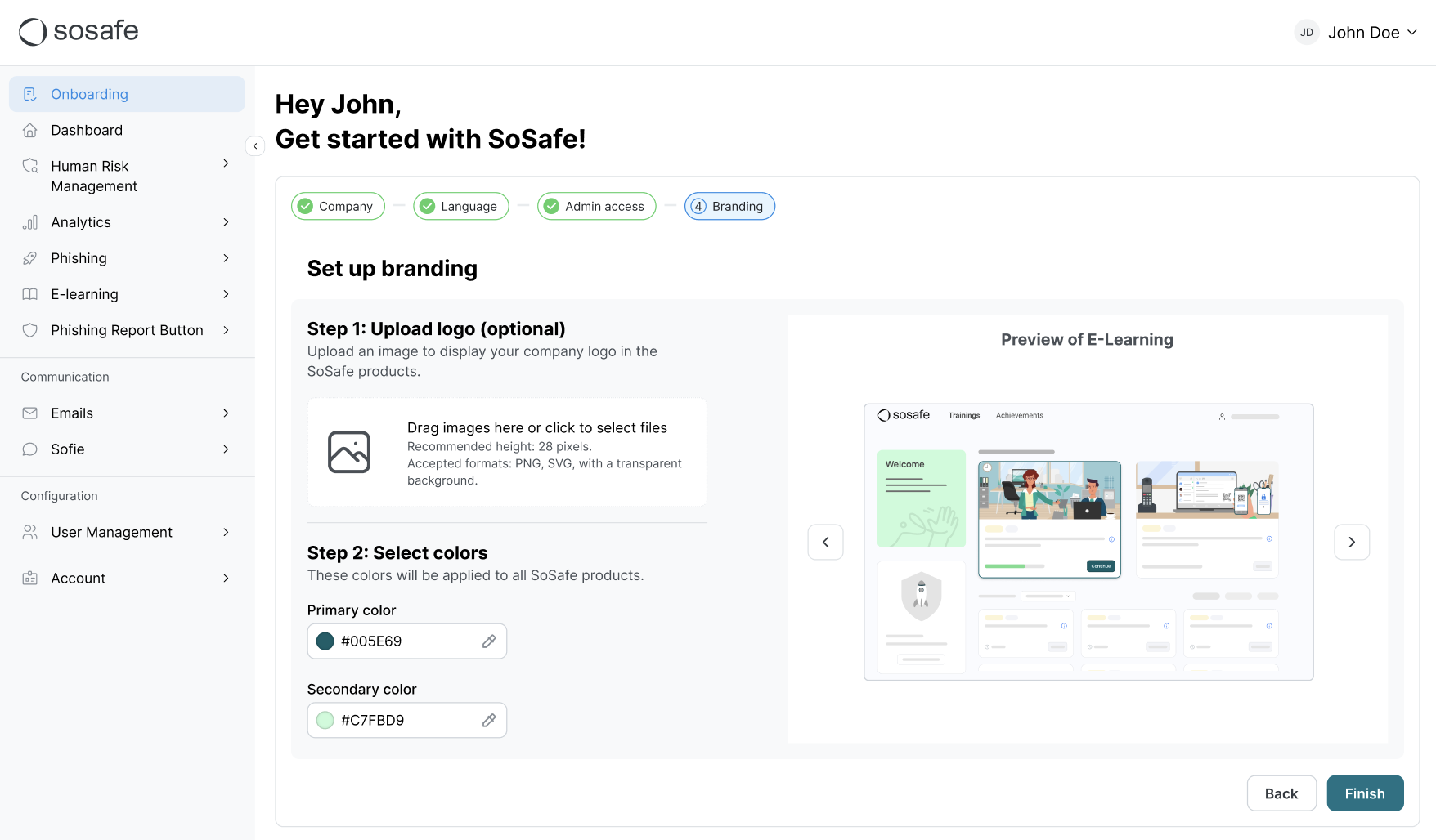 SoSafe Onboarding-Assistent im Schritt Branding mit dem Upload-Bereich für das Firmenlogo sowie den Feldern Primary color und Secondary color für die Markenfarben. Rechts zeigt eine Vorschau Preview of E-Learning, wie sich die Farben auf die E-Learning-Plattform auswirken.