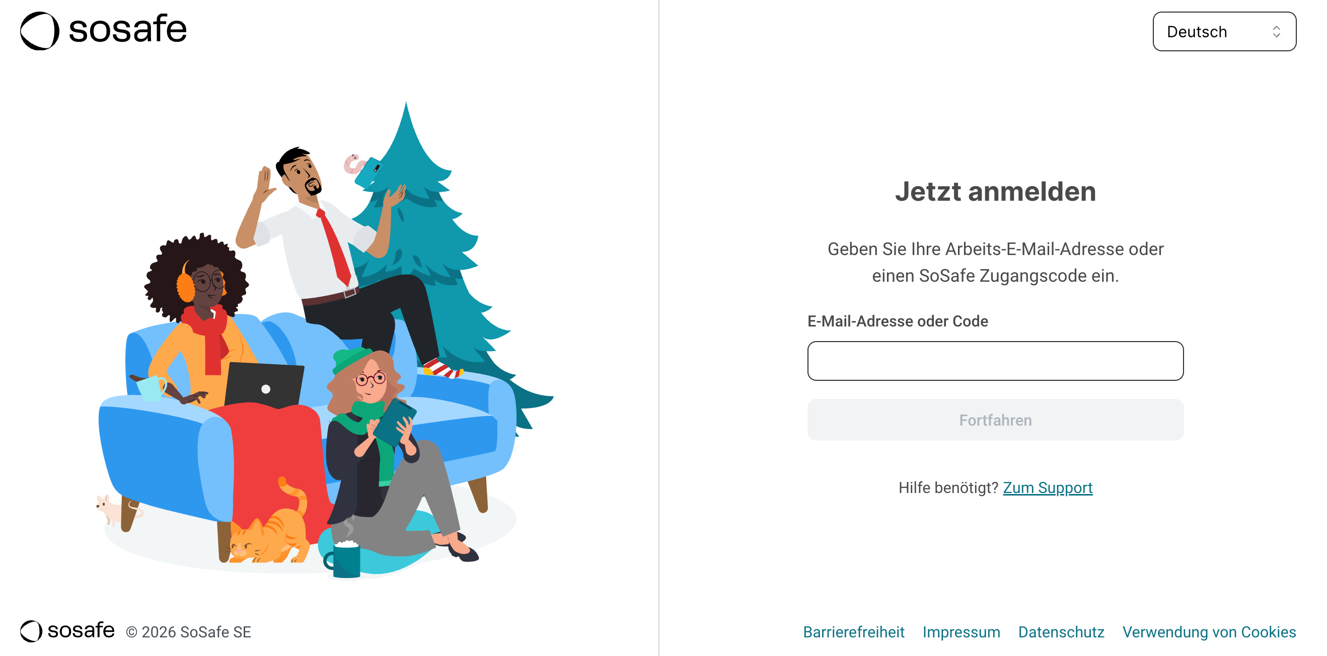 SoSafe-Anmeldeseite mit der Überschrift Jetzt anmelden und dem Feld E-Mail-Adresse oder Code, darunter die Schaltfläche Fortfahren und der Link Zum Support. Oben rechts ist die Sprache auf Deutsch eingestellt.