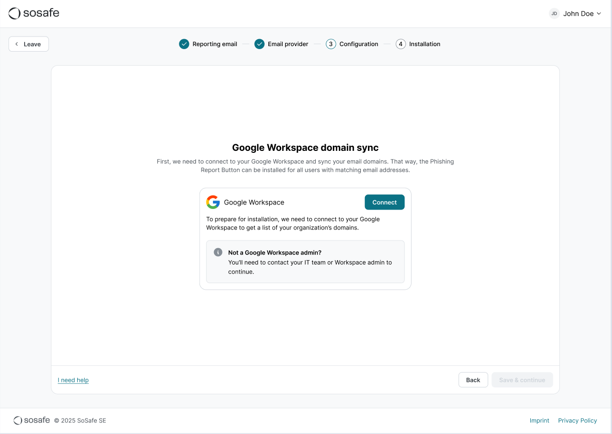Schritt Configuration im Einrichtungsassistenten des Phishing-Meldebuttons mit der Kachel Google Workspace domain sync und der Schaltfläche Connect zum Verbinden mit Google Workspace, darunter der Hinweis für Nutzer ohne Google Workspace Adminrechte.