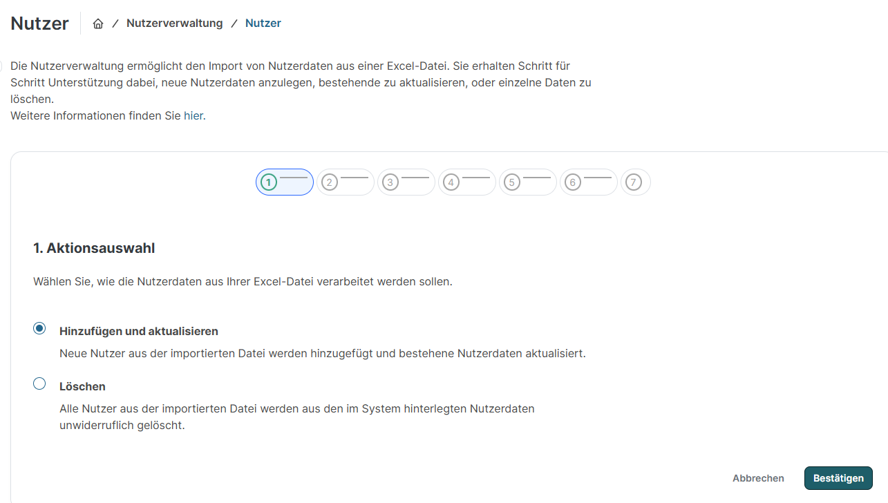 SoSafe Nutzerverwaltung, Importassistent Schritt 1 von 7 (Aktionsauswahl), mit den Optionen Hinzufügen und aktualisieren (ausgewählt) und Löschen sowie den Schaltflächen Abbrechen und Bestätigen.