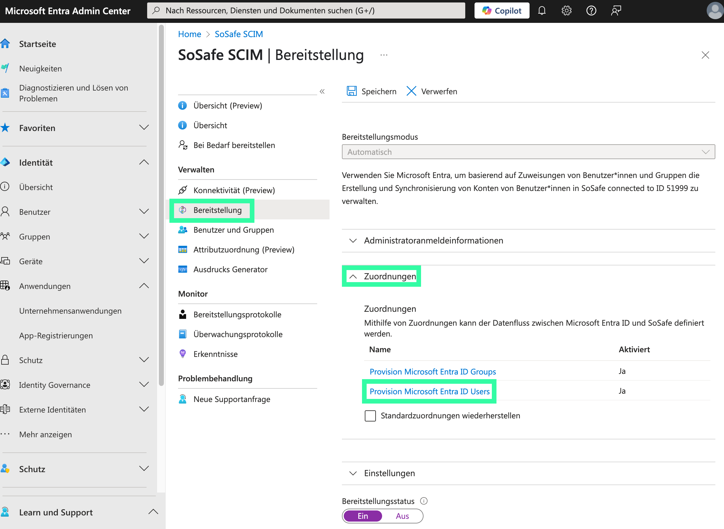 Microsoft Entra Admin Center, Seite SoSafe SCIM Bereitstellung, mit dem markierten Menüpunkt Bereitstellung und dem aufgeklappten Abschnitt Zuordnungen. Der Eintrag Provision Microsoft Entra ID Users ist hervorgehoben, daneben steht Provision Microsoft Entra ID Groups.
