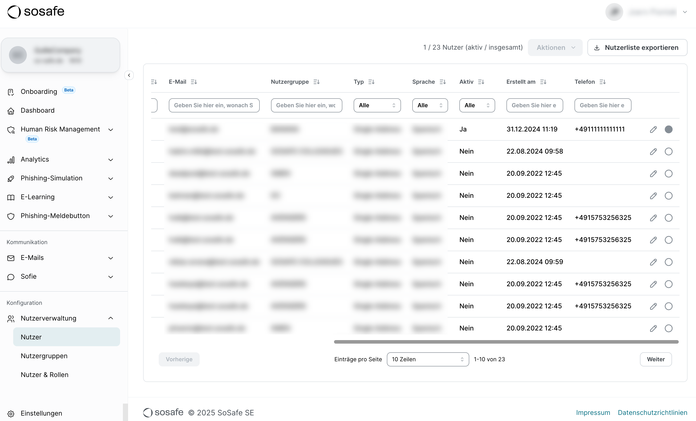 SoSafe Manager, Nutzerverwaltung Nutzer-Liste mit den Spalten E-Mail, Nutzergruppe, Typ, Sprache, Aktiv, Erstellt am und Telefon, wobei die Telefonspalte nach der SCIM-Synchronisierung bei mehreren Nutzenden ausgefüllt ist.