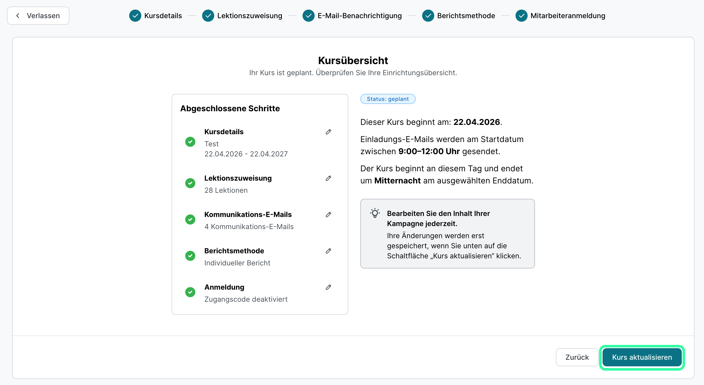 SoSafe Manager, Kursübersicht eines bereits geplanten Kurses mit dem Status geplant sowie den bearbeitbaren Abschnitten Kursdetails, Lektionszuweisung, Kommunikations-E-Mails, Berichtsmethode und Anmeldung. Die Schaltfläche Kurs aktualisieren unten rechts ist markiert.