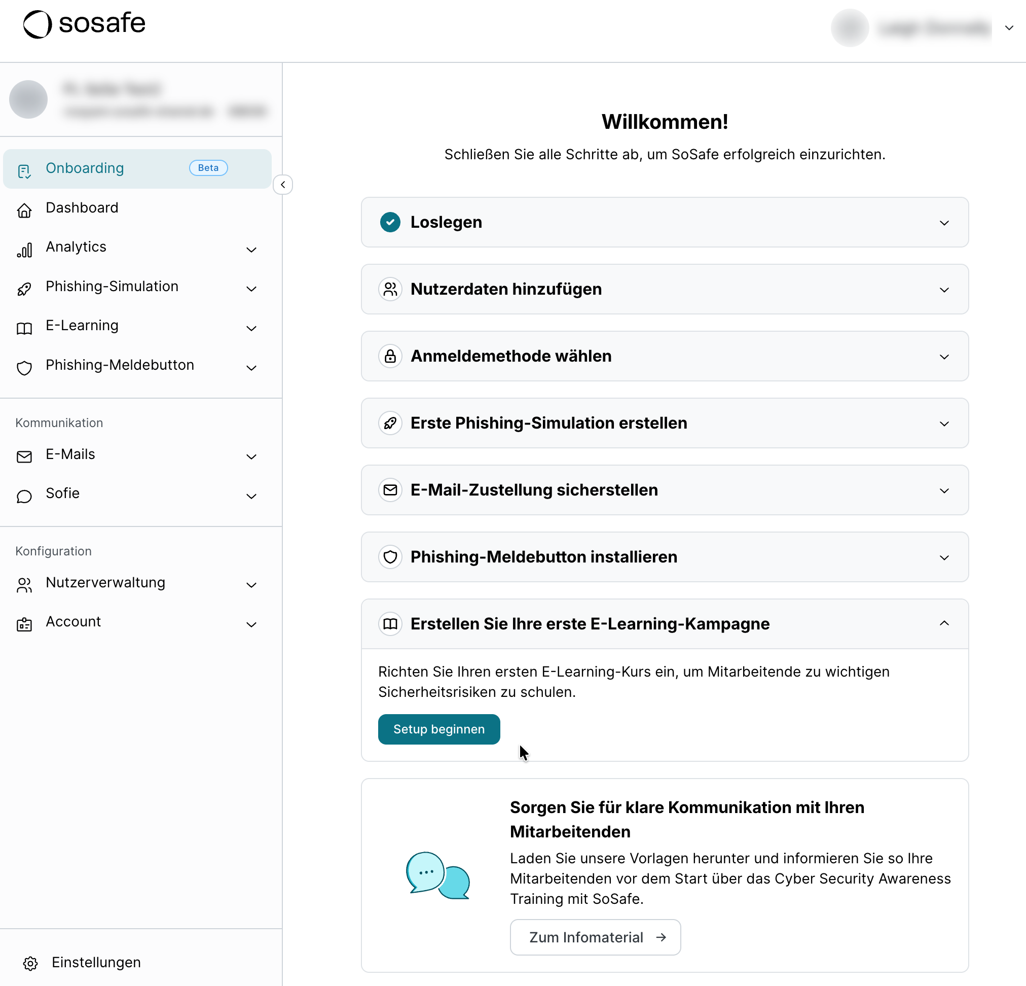 SoSafe Onboarding-Checkliste mit den Schritten Loslegen, Nutzerdaten hinzufügen, Anmeldemethode wählen und weiteren. Der Punkt Erstellen Sie Ihre erste E-Learning-Kampagne ist aufgeklappt mit der Schaltfläche Setup beginnen.