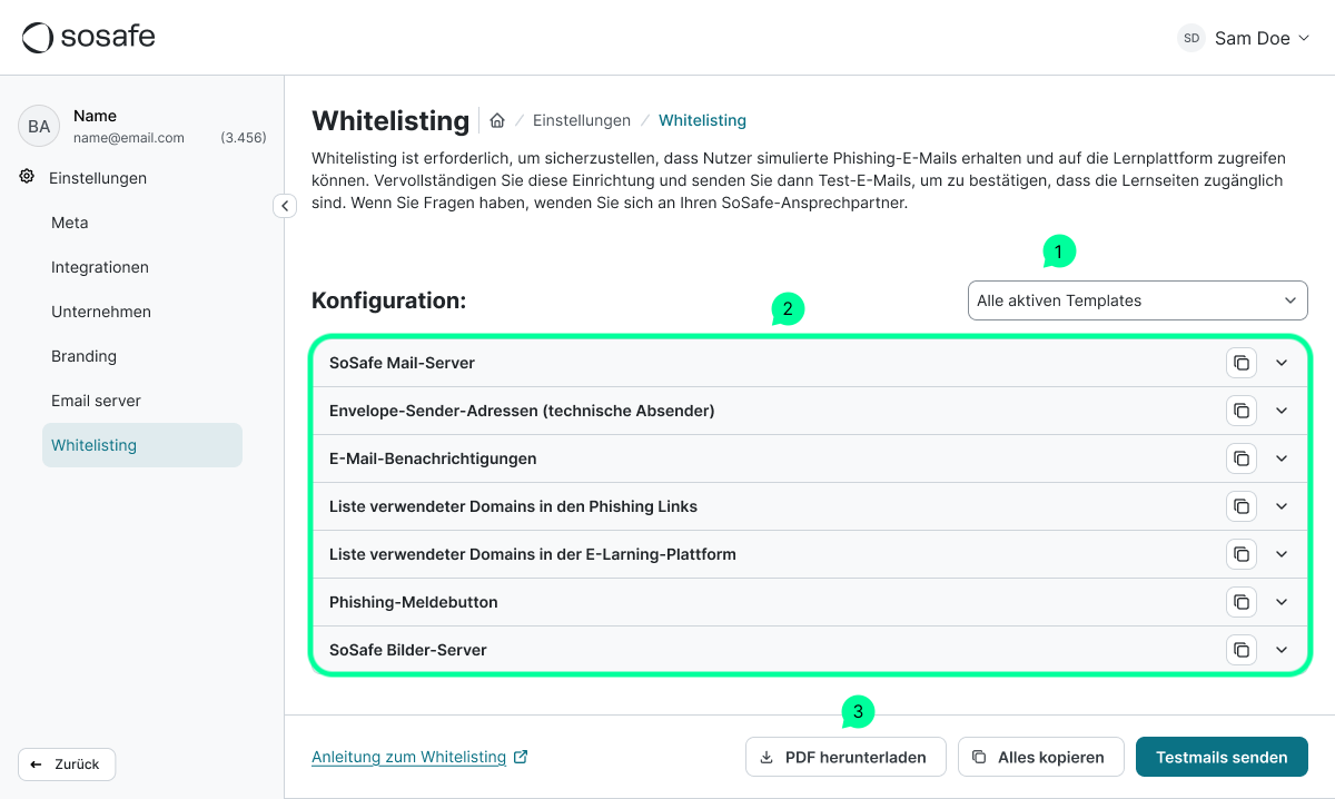 SoSafe Manager, Seite Whitelisting mit dem markierten Dropdown-Filter Alle aktiven Templates (1) und der markierten Liste der Whitelisting-Einträge (2), darunter SoSafe Mail-Server, E-Mail-Benachrichtigungen und Liste verwendeter Domains in den Phishing-Links. Unten befinden sich die Schaltflächen PDF herunterladen, Alles kopieren und Testmails senden (3).
