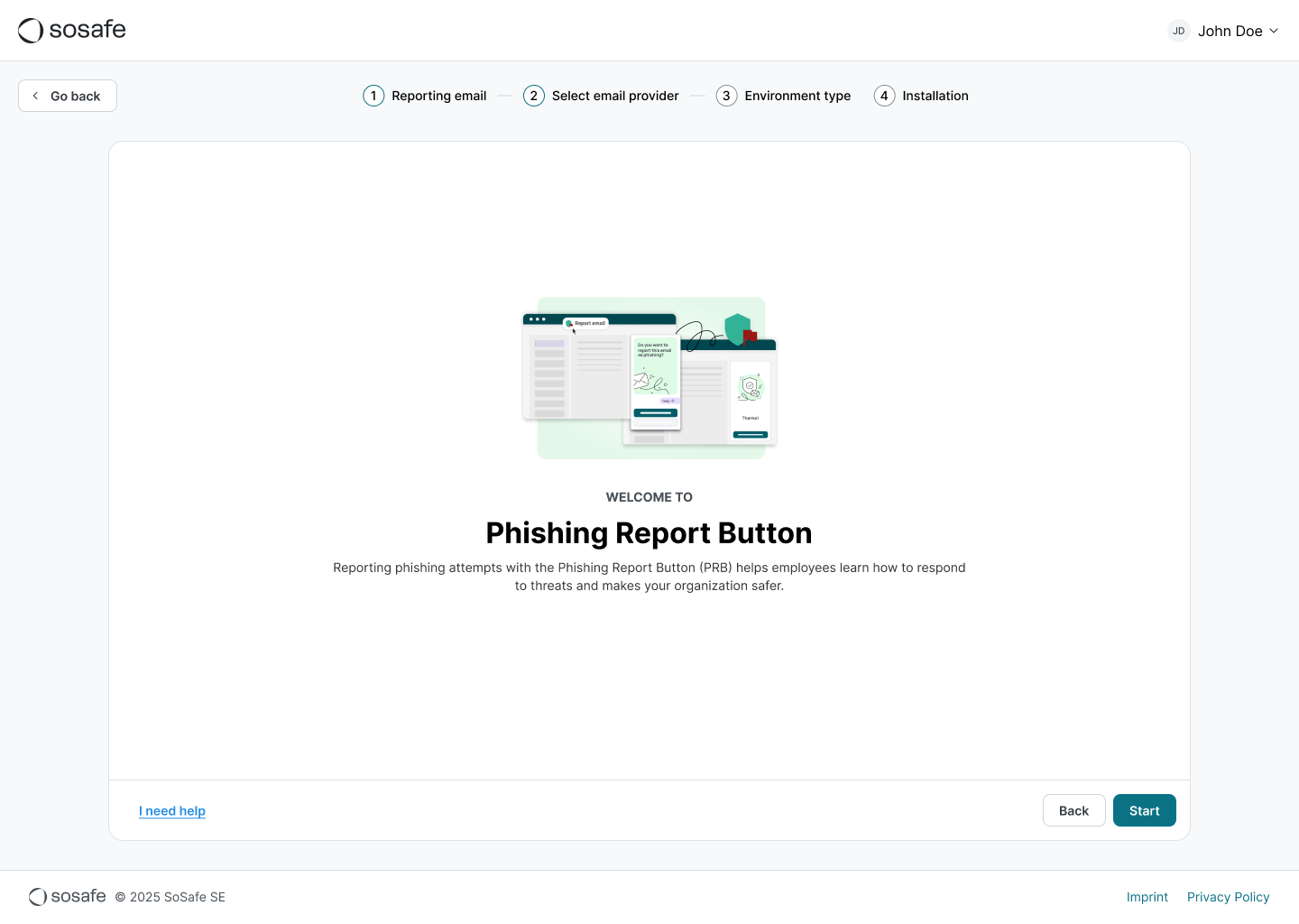 SoSafe Onboarding-Assistent für den Phishing-Meldebutton mit der Schrittanzeige Reporting email, Select email provider, Environment type und Installation. Mittig eine Illustration einer gemeldeten Phishing-Mail sowie die Schaltfläche Start.