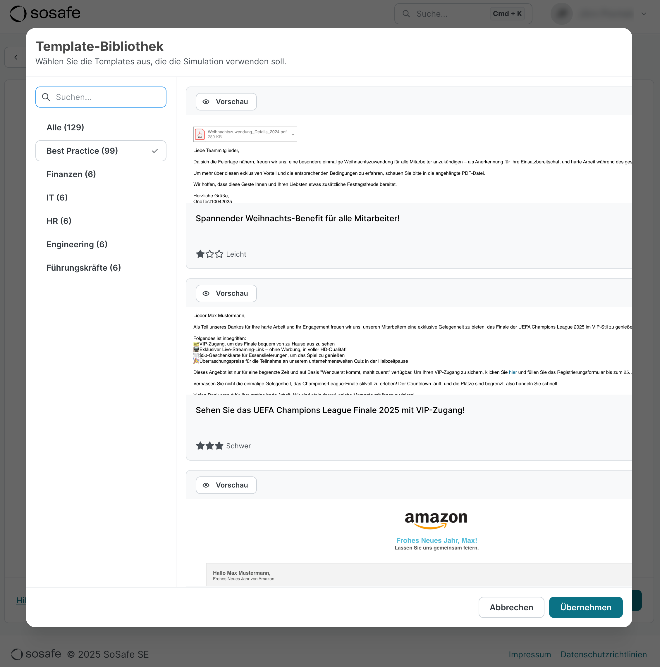 Dialog Template-Bibliothek mit Kategoriefiltern wie Best Practice, Finanzen, IT, HR und Engineering auf der linken Seite. Rechts sind Vorschauen mehrerer Phishing-Vorlagen mit Schwierigkeitssternen zu sehen, unten die Schaltfläche Übernehmen.