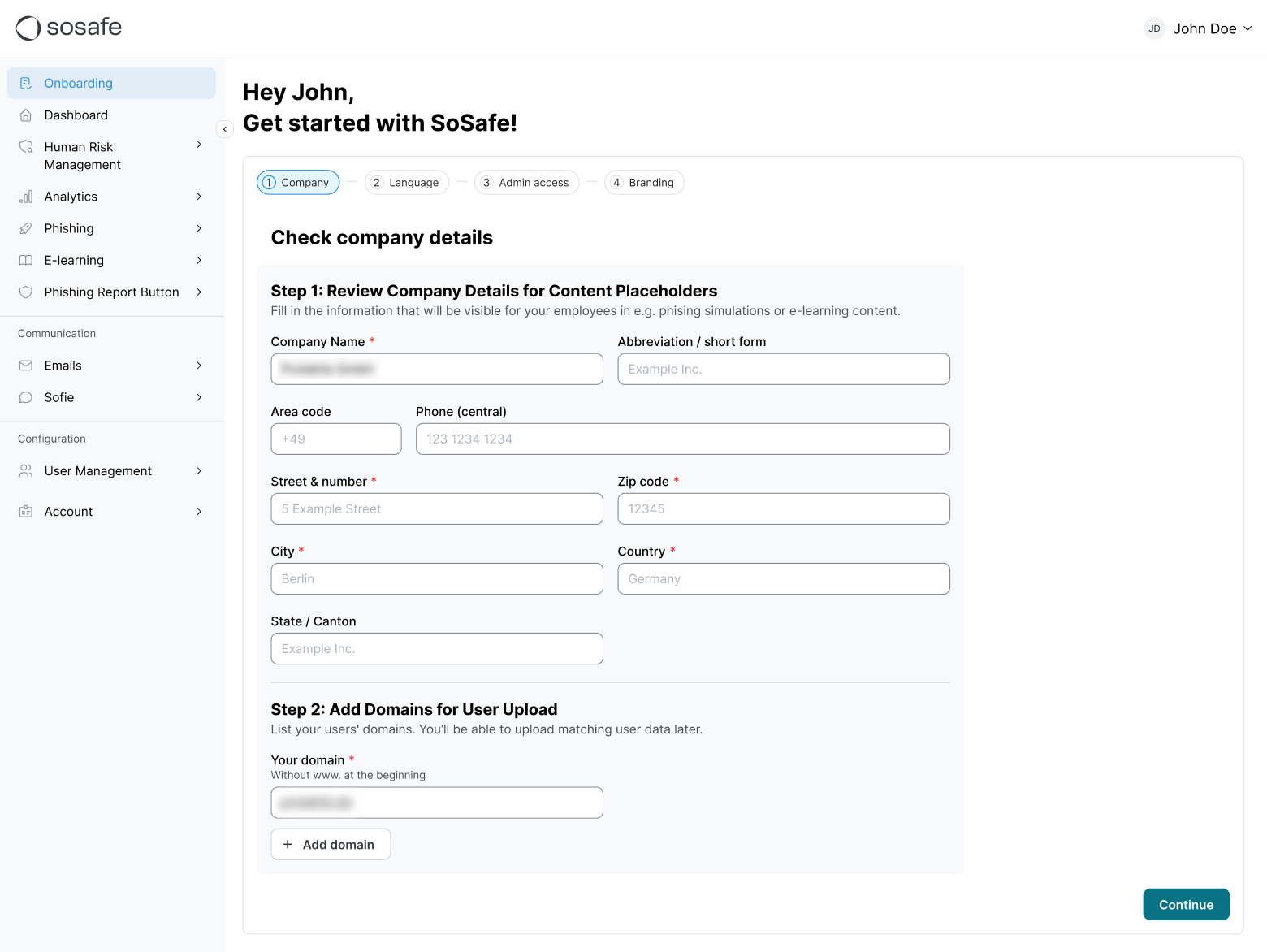 SoSafe Onboarding-Assistent im Schritt Company von vier Schritten (Company, Language, Admin access, Branding), mit dem Formular Check company details für Firmenname, Telefonnummer, Adresse und Land, darunter der Bereich Add Domains for User Upload mit dem Feld Your domain und der Schaltfläche Add domain.