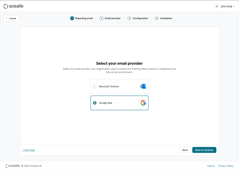 Schritt Email provider im Einrichtungsassistenten des Phishing-Meldebuttons mit den Auswahloptionen Microsoft Outlook und Google Mail, wobei Google Mail markiert ist, sowie der Schaltfläche Save and continue.