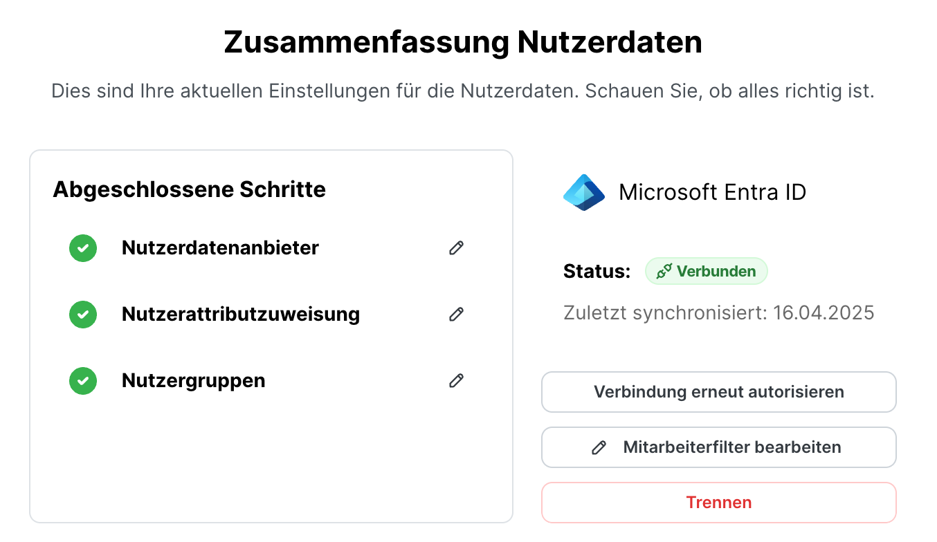 Zusammenfassung Nutzerdaten nach abgeschlossener Einrichtung, mit grünen Häkchen bei Nutzerdatenanbieter, Nutzerattributzuweisung und Nutzergruppen. Rechts zeigt Microsoft Entra ID den Status Verbunden, mit Schaltflächen zum erneuten Autorisieren, Bearbeiten des Mitarbeiterfilters und Trennen.