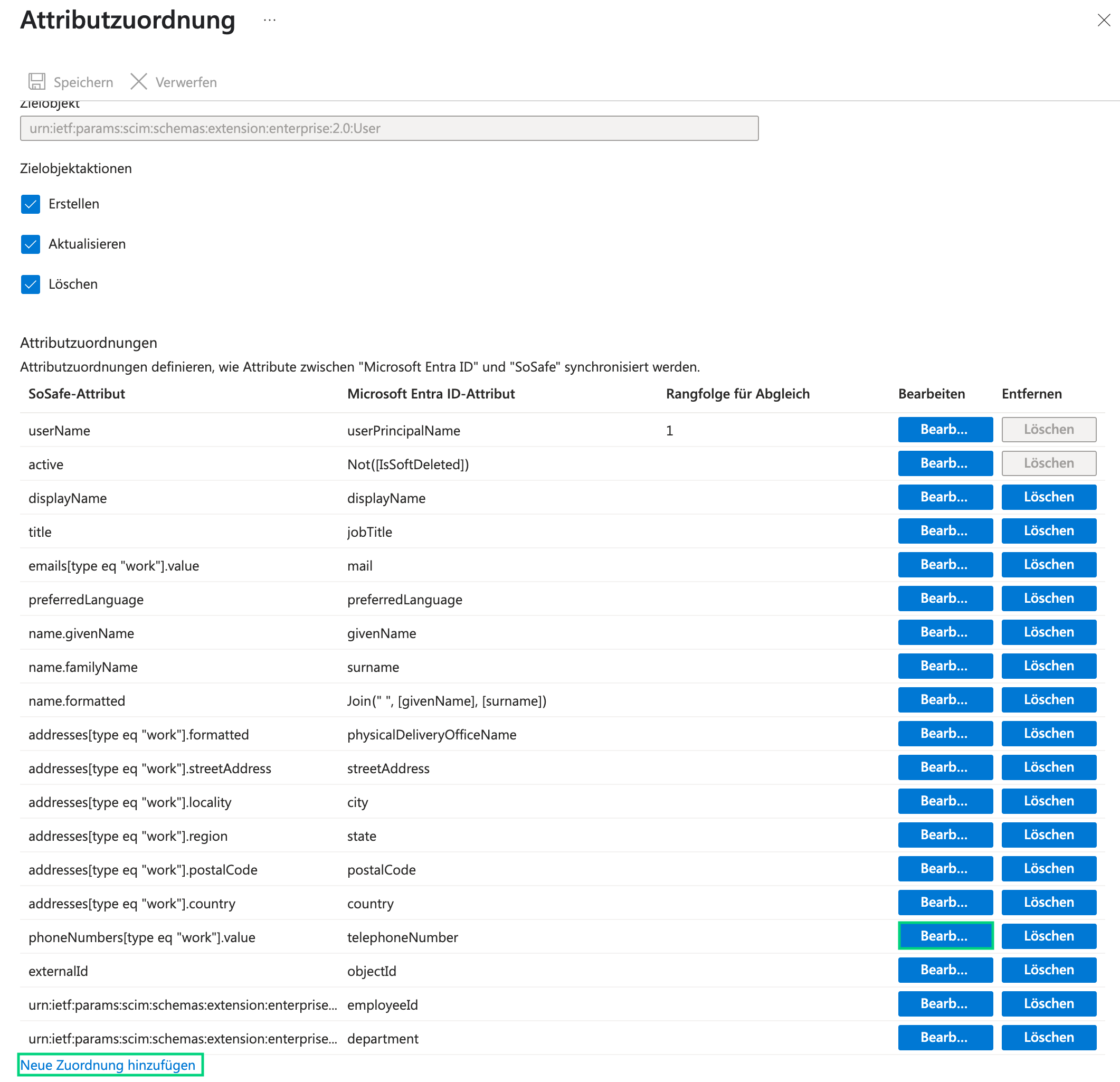 Attributzuordnung im Microsoft Entra Admin Center mit der Tabelle der SoSafe-Attribute und zugehörigen Microsoft-Entra-ID-Attribute. Die Zeile phoneNumbers type eq work value zu telephoneNumber ist markiert, unten der Link Neue Zuordnung hinzufügen.