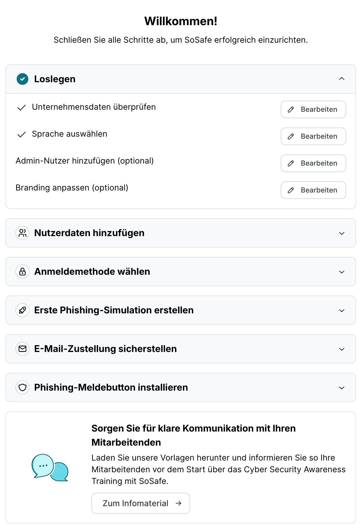 SoSafe Onboarding-Dashboard, Sektion Loslegen aufgeklappt: Unternehmensdaten überprüfen und Sprache auswählen sind abgehakt, die optionalen Punkte Admin-Nutzer hinzufügen und Branding anpassen sind noch offen. Darunter folgen die weiteren Onboarding-Schritte als einklappbare Abschnitte.