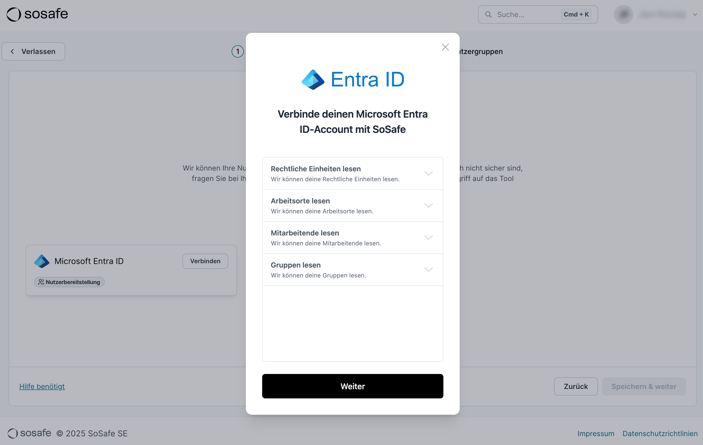 Verbindungsdialog von Kombo für Microsoft Entra ID mit den angeforderten Berechtigungen Rechtliche Einheiten lesen, Arbeitsorte lesen, Mitarbeitende lesen und Gruppen lesen, darunter die Schaltfläche Weiter.