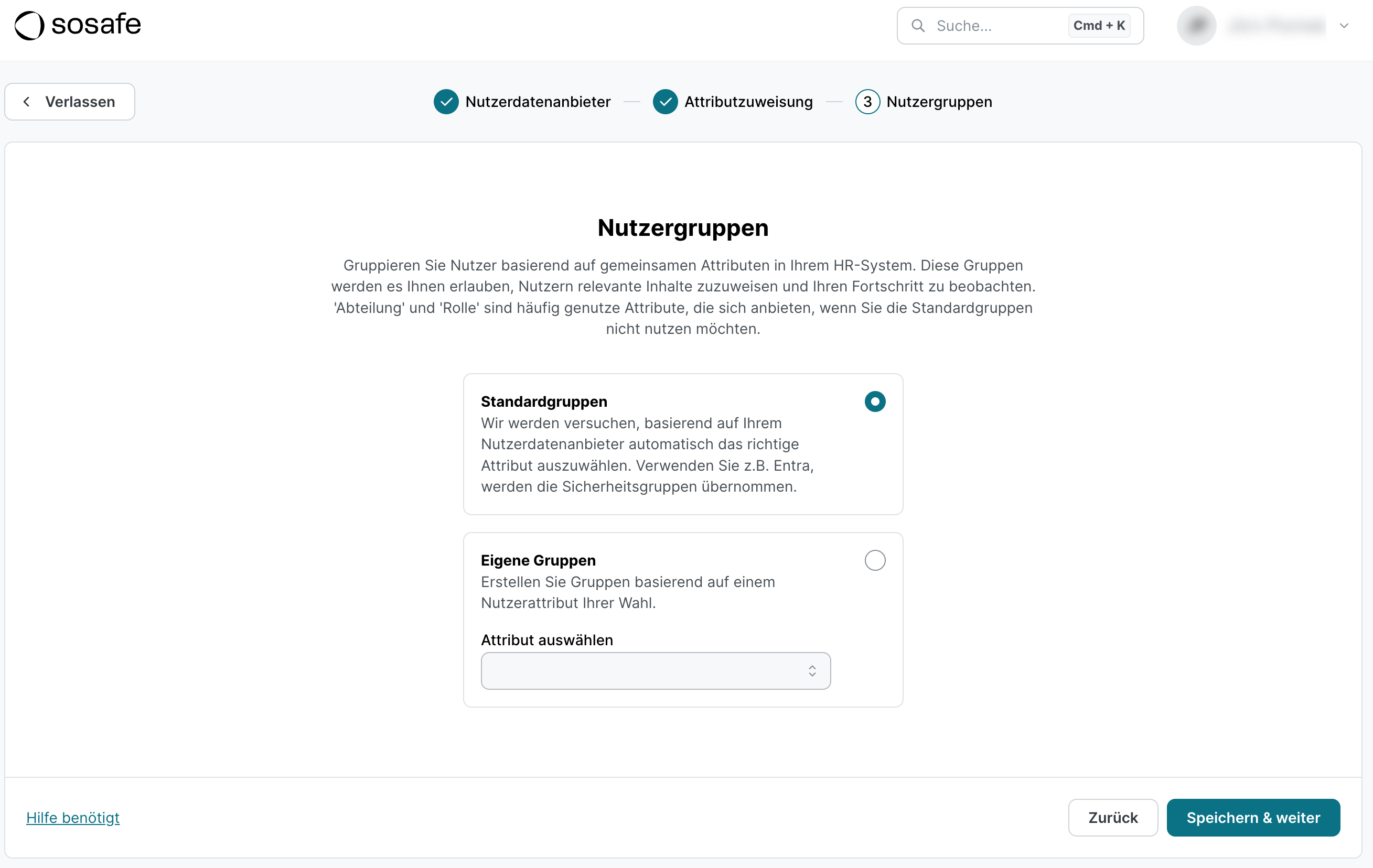 Nutzergruppen-Schritt des Assistenten mit ausgewählter Option Standardgruppen, daneben die Option Eigene Gruppen mit einem Dropdown-Feld zur Auswahl eines Attributs.