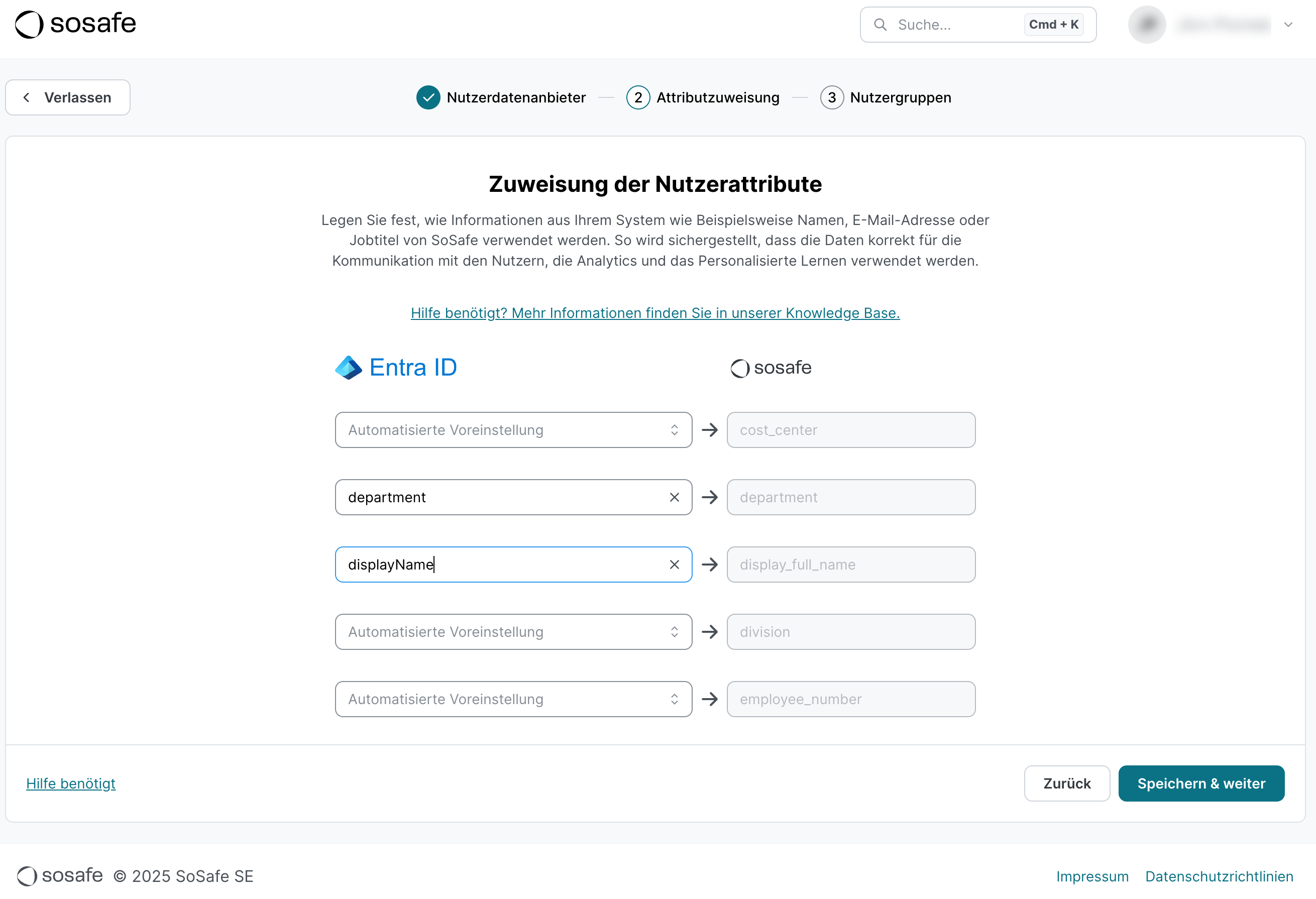 Zuweisung der Nutzerattribute im zweiten Schritt des Assistenten, mit Entra-ID-Feldern wie department und displayName links, die den SoSafe-Feldern department und display_full_name rechts zugeordnet sind.