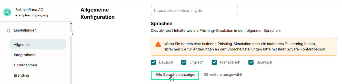 SoSafe Manager, Seite Allgemeine Konfiguration im Bereich Sprachen mit aktivierten Kontrollkästchen für Deutsch, Englisch, Französisch und Spanisch. Die Schaltfläche Alle Sprachen anzeigen ist markiert, daneben der Hinweis 28 weitere ausgewählt.