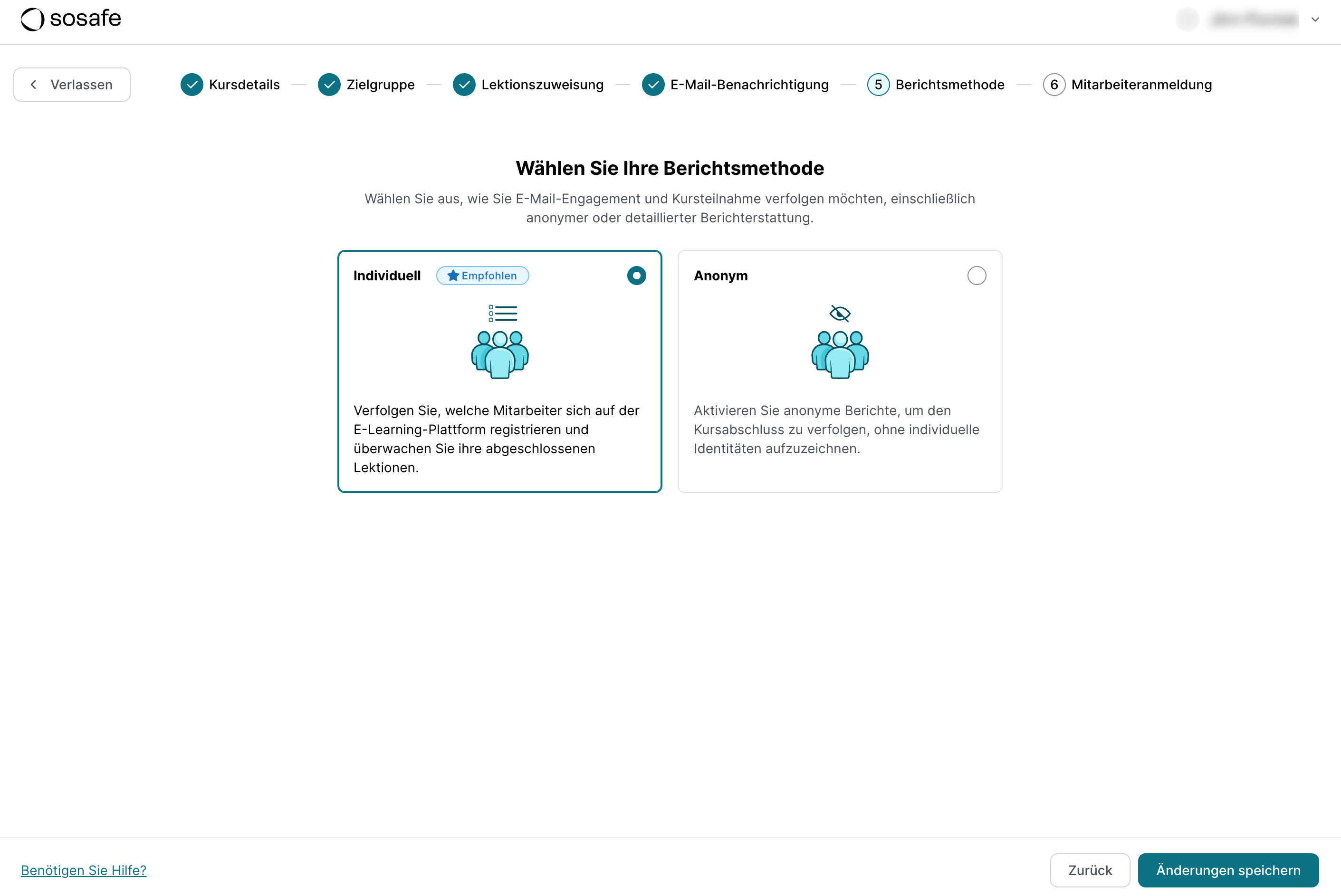 SoSafe Manager, Schritt Berichtsmethode mit der ausgewählten und empfohlenen Option Individuell sowie der Option Anonym daneben. Unter jeder Option wird kurz erläutert, was jeweils erfasst wird.