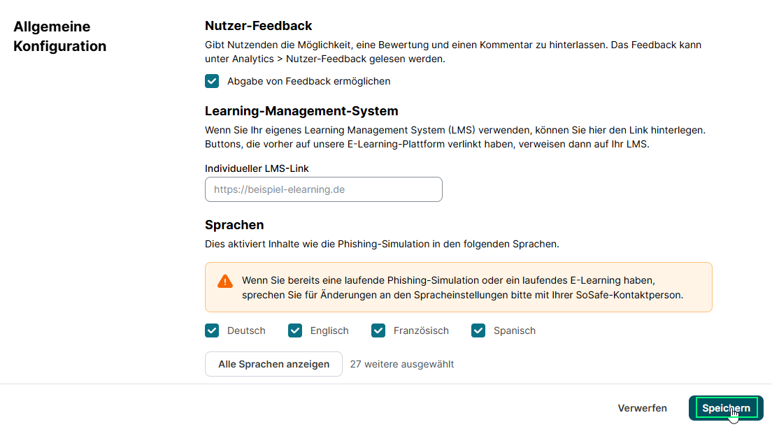 SoSafe Manager, weiterer Ausschnitt der Seite Allgemeine Konfiguration mit den Abschnitten Nutzer-Feedback und Learning-Management-System sowie erneut dem Bereich Sprachen. Unten rechts ist die Schaltfläche Speichern markiert.