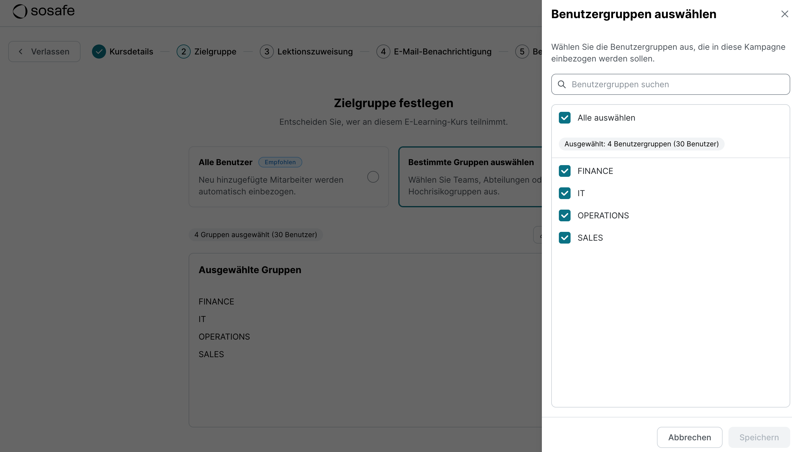 Dasselbe Fenster Zielgruppe, im Hintergrund ist jetzt Bestimmte Gruppen auswählen aktiv. Rechts ist das Dialogfenster Benutzergruppen auswählen geöffnet mit aktivierten Kontrollkästchen für Alle auswählen, Finance, IT, Operations und Sales.