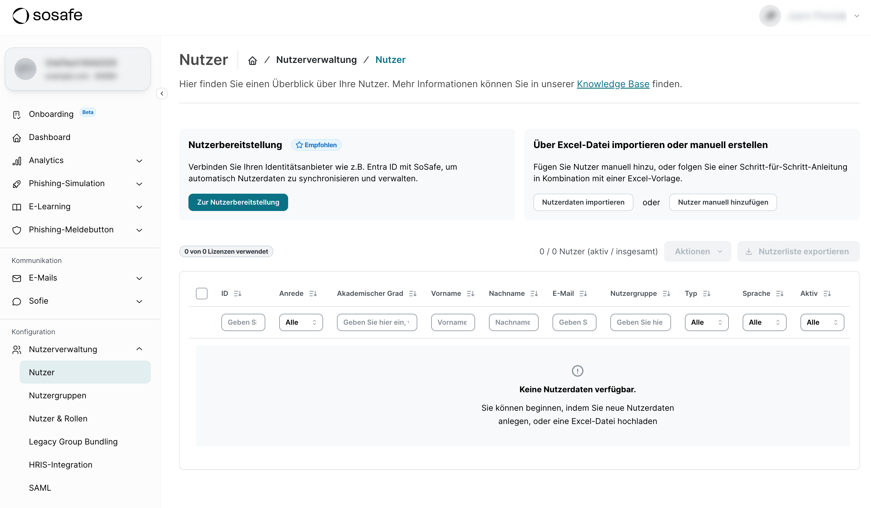 SoSafe Manager Seite Nutzerverwaltung im Bereich Nutzer mit den beiden Möglichkeiten Nutzerbereitstellung und Über Excel-Datei importieren oder manuell erstellen, den Schaltflächen Nutzerdaten importieren und Nutzer manuell hinzufügen.