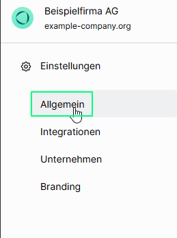 SoSafe Manager, Menü Einstellungen mit dem markierten Eintrag Allgemein. Darunter folgen die Einträge Integrationen, Unternehmen und Branding.