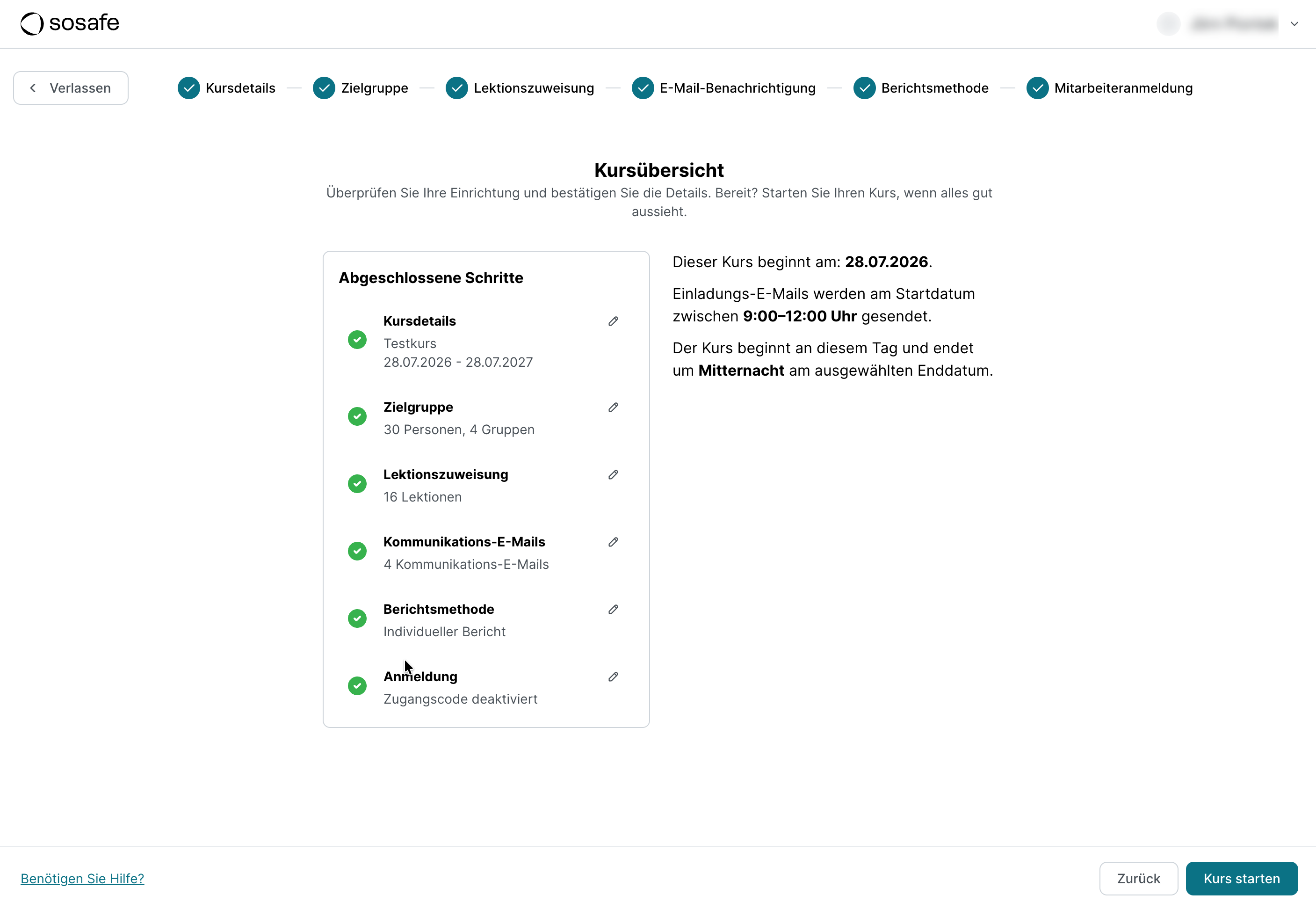 SoSafe Manager, Kursübersicht mit den abgeschlossenen Schritten Kursdetails, Zielgruppe, Lektionszuweisung, Kommunikations-E-Mails, Berichtsmethode und Anmeldung, jeweils mit Stiftsymbol zum Bearbeiten. Unten rechts ist die Schaltfläche Kurs starten zu sehen.