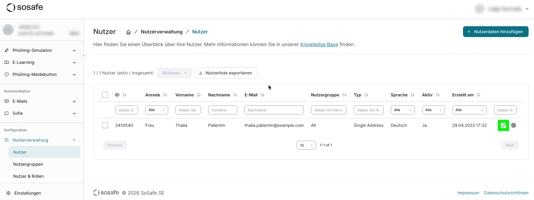 SoSafe Manager, Tabelle Nutzer mit einer Zeile für einen einzelnen Nutzer und den Spalten ID, Anrede, Vorname, Nachname, E-Mail, Nutzergruppe, Typ, Sprache, Aktiv und Erstellt am. Das Stift-Symbol zum Bearbeiten ist in dieser Zeile markiert.