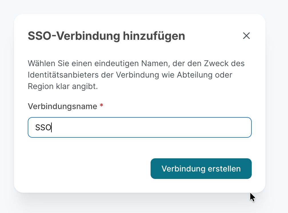 Dialog SSO-Verbindung hinzufügen im SoSafe Manager mit ausgefülltem Feld Verbindungsname und der Schaltfläche Verbindung erstellen darunter.