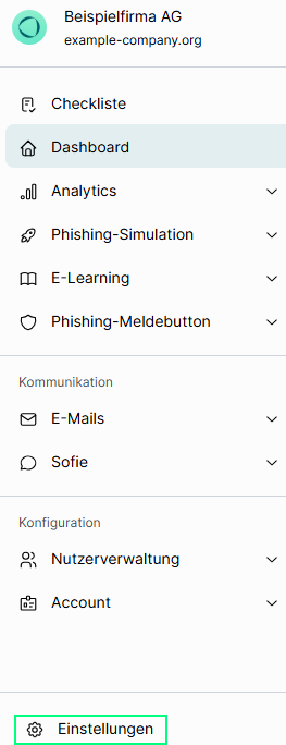 SoSafe Manager Seitenleiste mit den Menüpunkten Checkliste, Dashboard, Analytics, Phishing-Simulation, E-Learning und Phishing-Meldebutton sowie den Bereichen Kommunikation und Konfiguration. Unten ist die Schaltfläche Einstellungen markiert.