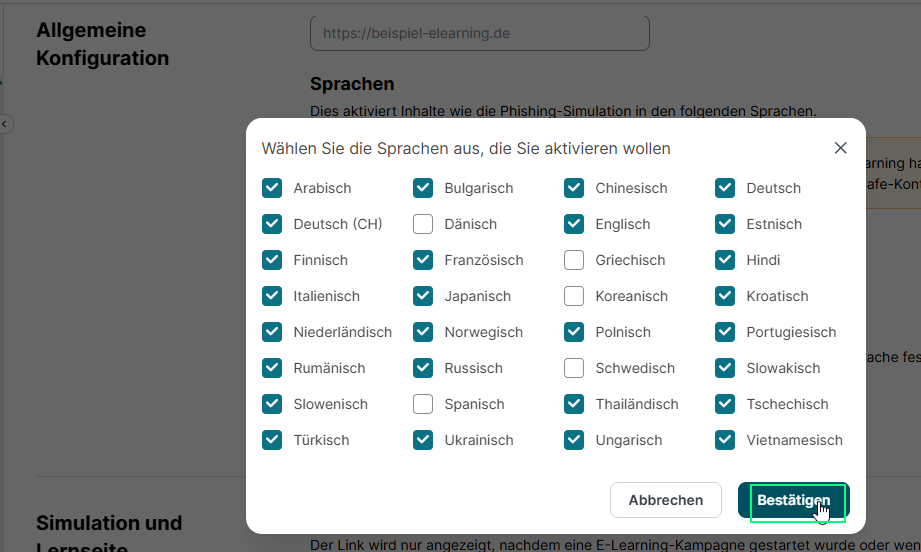 Popup-Fenster im SoSafe Manager zur Auswahl der zu aktivierenden Sprachen, mit einer langen Liste von Kontrollkästchen für verschiedene Sprachen, von denen die meisten aktiviert sind. Die Schaltfläche Bestätigen ist markiert.