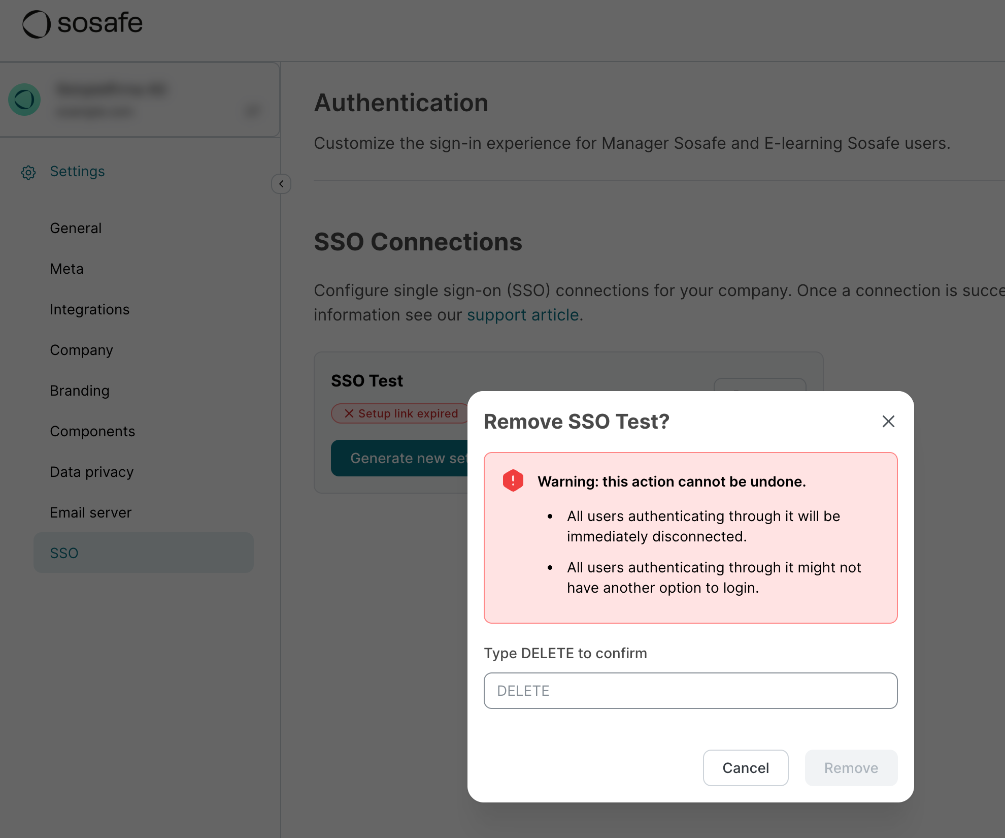 SoSafe Manager, Bestätigungsdialog Remove SSO Test mit der Warnung, dass angemeldete Nutzer sofort getrennt werden und die Aktion nicht rückgängig gemacht werden kann. Darunter das Eingabefeld zur Bestätigung mit DELETE sowie die Schaltflächen Cancel und Remove.