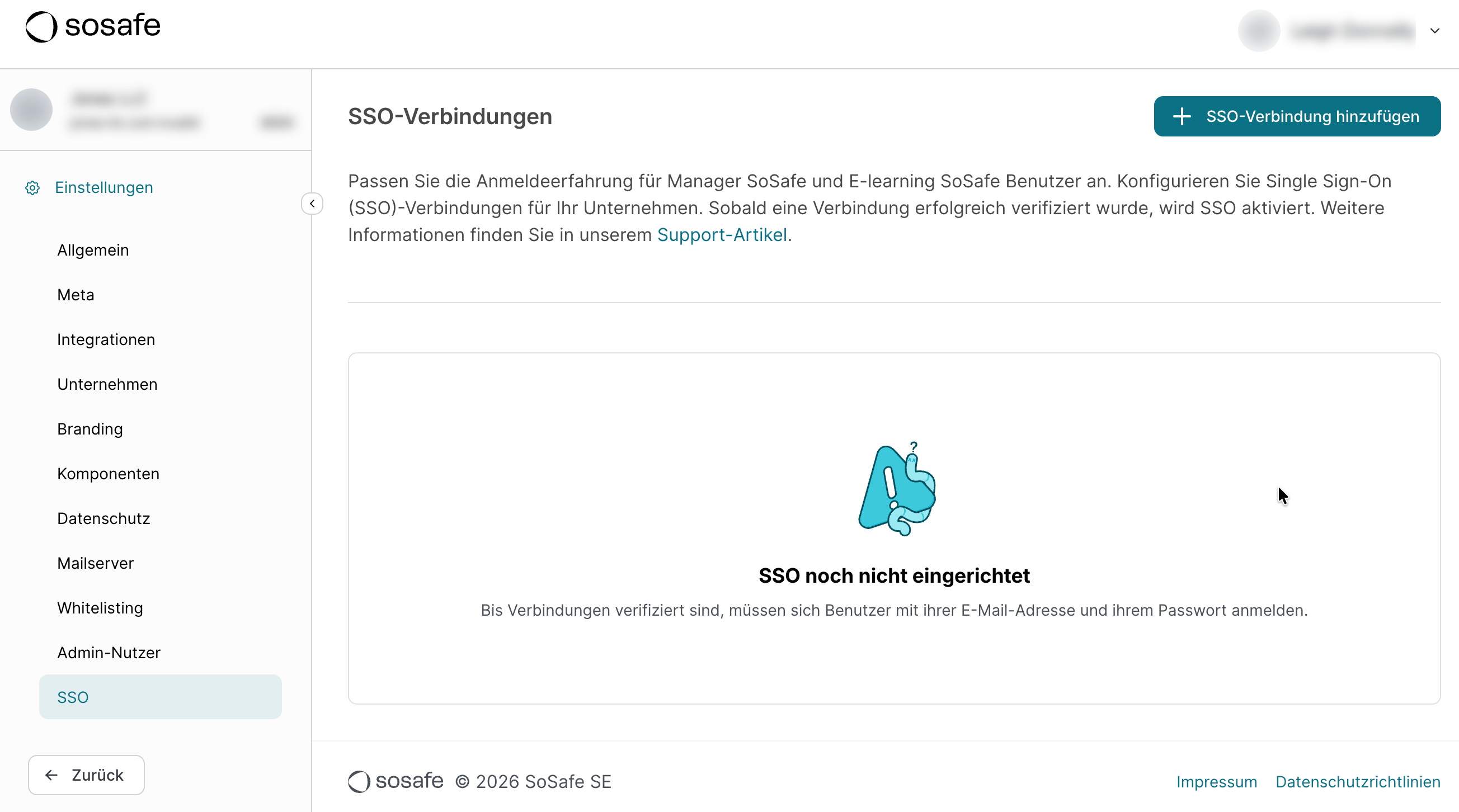 SoSafe Manager, Seite Einstellungen mit ausgewähltem Eintrag SSO in der linken Navigation. Der Bereich SSO-Verbindungen zeigt den Hinweis SSO noch nicht eingerichtet, darüber die Schaltfläche SSO-Verbindung hinzufügen.