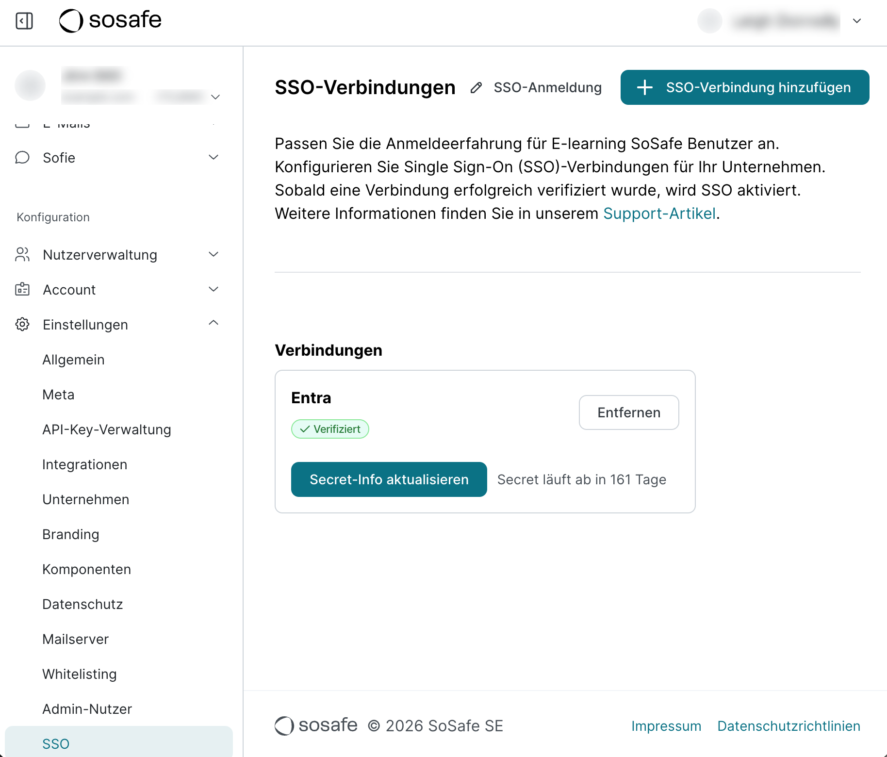 SoSafe Manager Seite SSO-Verbindungen mit der Verbindung Entra als Verifiziert, der Schaltfläche Secret-Info aktualisieren und der verbleibenden Gültigkeitsdauer des aktuellen Secrets daneben.