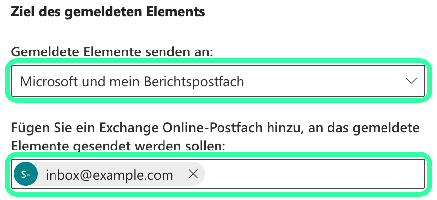 Microsoft Defender Bereich Ziel des gemeldeten Elements, markiert auf Microsoft und mein Berichtspostfach, mit dem darunter markierten Feld für das hinzugefügte Exchange-Online-Postfach.