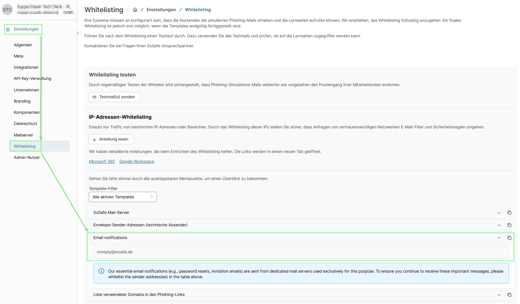 SoSafe Manager, Einstellungen mit markiertem Menüpunkt Whitelisting in der linken Navigation. Im Hauptbereich ist der aufgeklappte Abschnitt Email notifications markiert, mit der Absenderadresse noreply@sosafe.de und einem englischsprachigen Hinweis, diese für den zuverlässigen Empfang wichtiger Benachrichtigungen freizugeben.