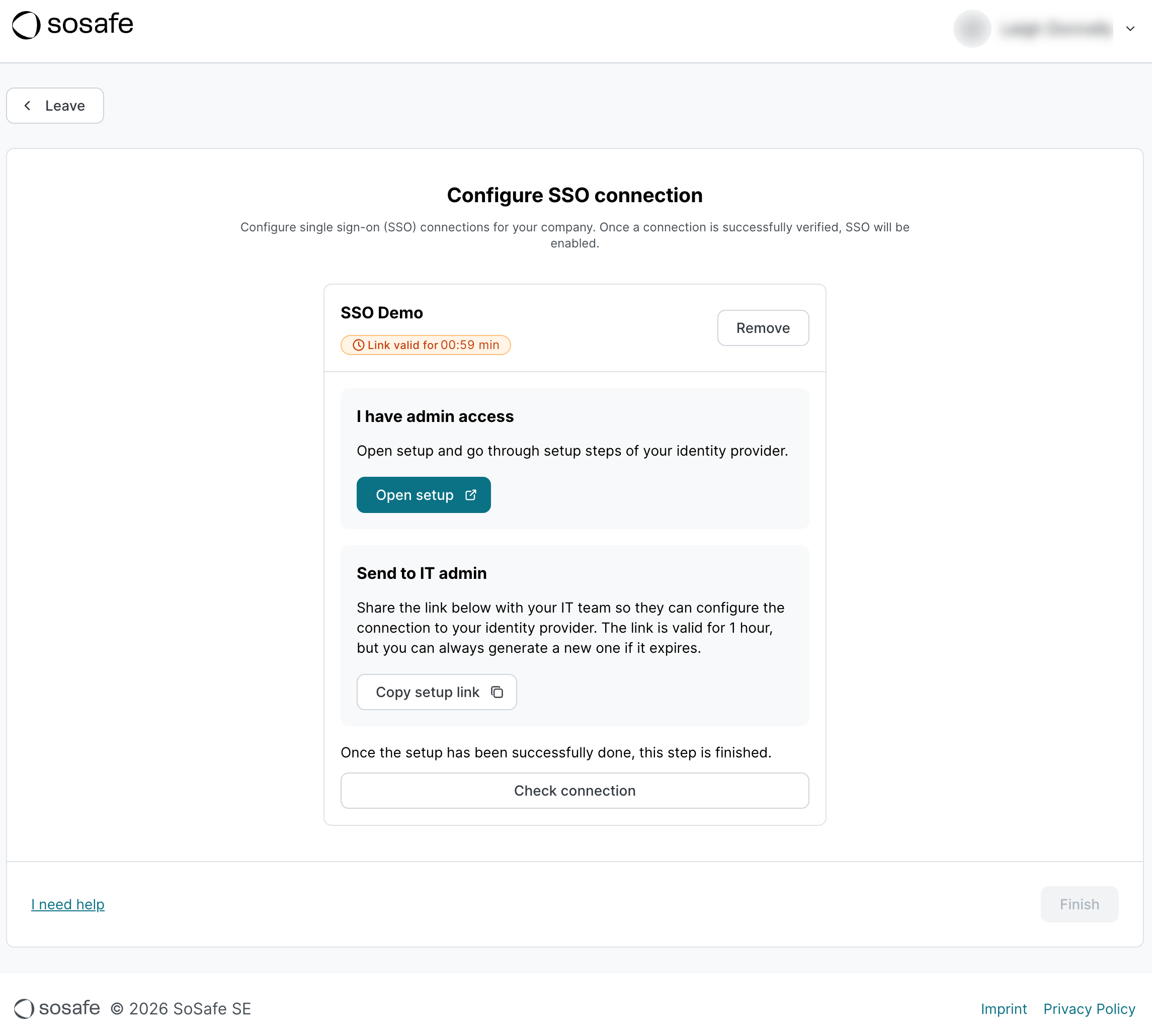 Dieselbe Seite Configure SSO connection, jetzt mit der erstellten Verbindung SSO Demo und dem Hinweis, dass der Setup-Link noch 59 Minuten gültig ist. Zur Auswahl stehen die Schaltfläche Open setup unter I have admin access und Copy setup link unter Send to IT admin, darunter die Schaltfläche Check connection.