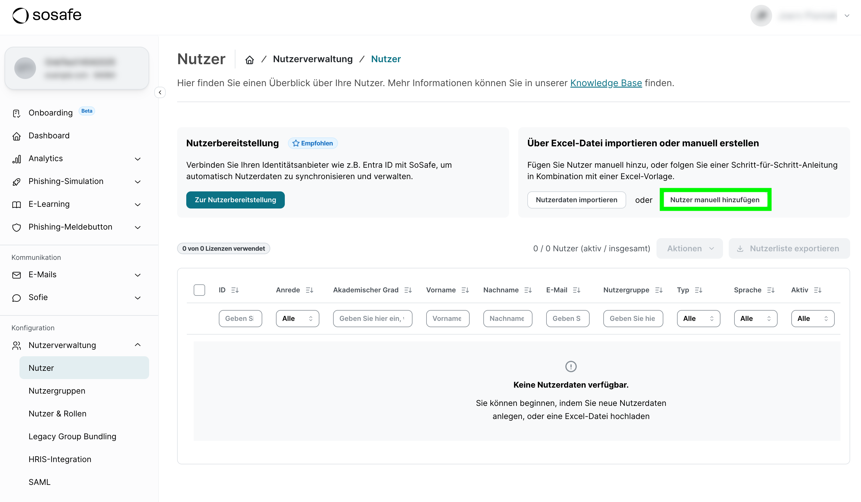 SoSafe Manager, Seite Nutzer in der Nutzerverwaltung mit den Karten Nutzerbereitstellung und Über Excel-Datei importieren oder manuell erstellen. Die Schaltfläche Nutzer manuell hinzufügen ist markiert, die Nutzertabelle darunter ist noch leer.
