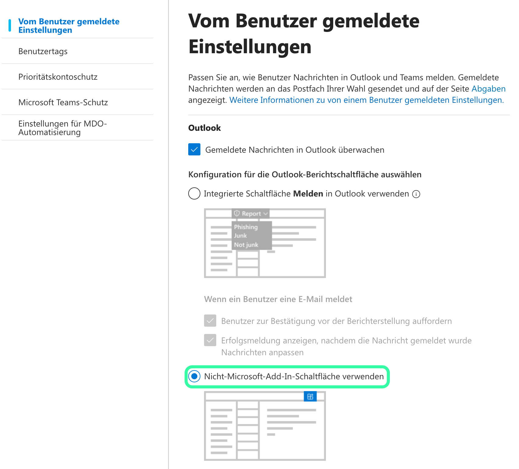 Microsoft Defender, Seite Vom Benutzer gemeldete Einstellungen für Outlook mit markierter Option Nicht-Microsoft-Add-In-Schaltfläche verwenden, anstelle der integrierten Schaltfläche Melden.