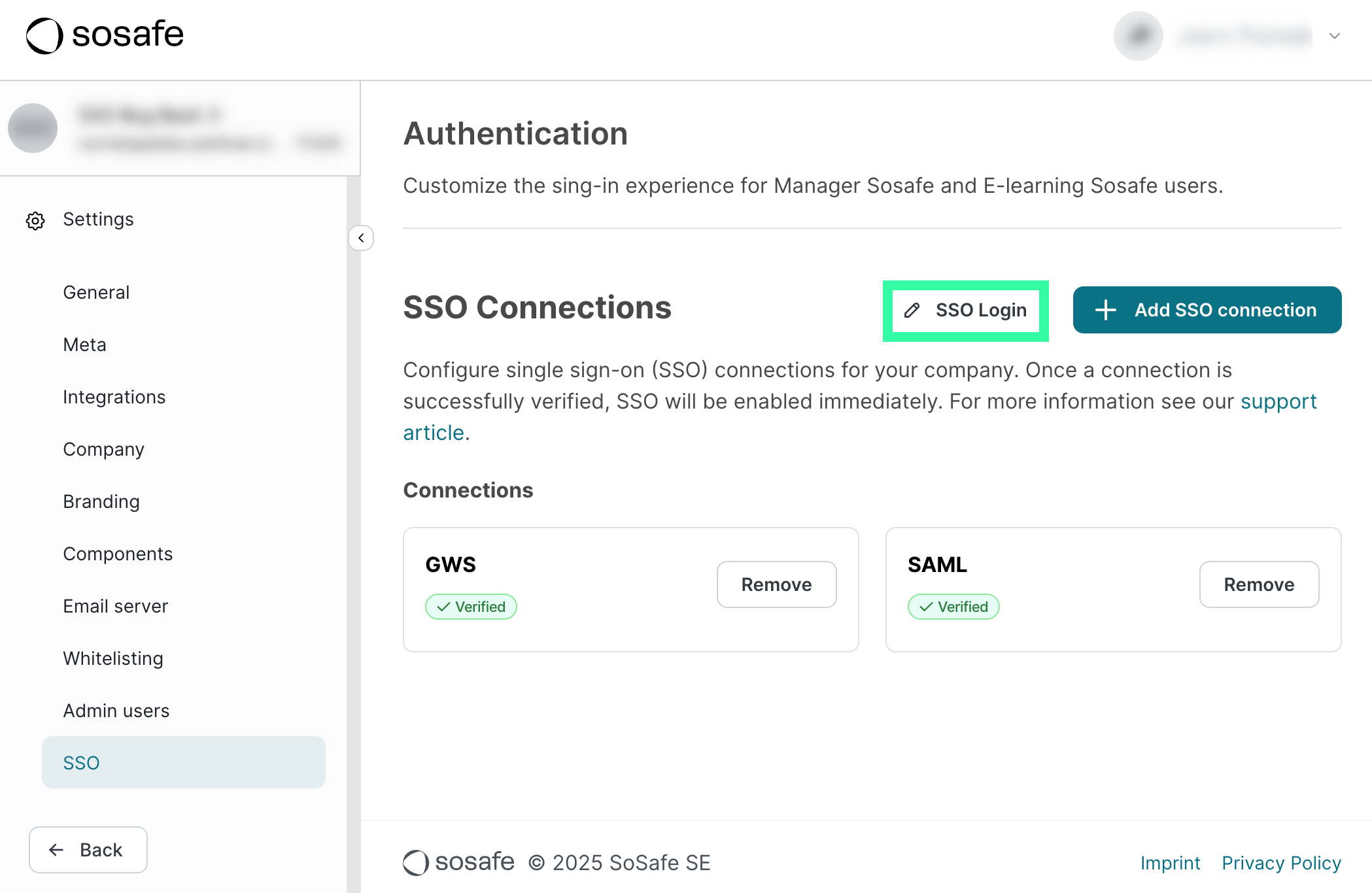 SoSafe Manager, Seite SSO Connections mit dem grün markierten Link SSO Login neben Add SSO connection. Darunter die beiden Verbindungen GWS und SAML, beide als Verified angezeigt.