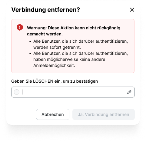 Dialog Verbindung entfernen im SoSafe Manager mit der Warnung, dass der Vorgang nicht rückgängig gemacht werden kann und angemeldete Nutzer sofort getrennt werden. Darunter das Bestätigungsfeld für LÖSCHEN und die Schaltflächen Abbrechen sowie Ja, Verbindung entfernen.