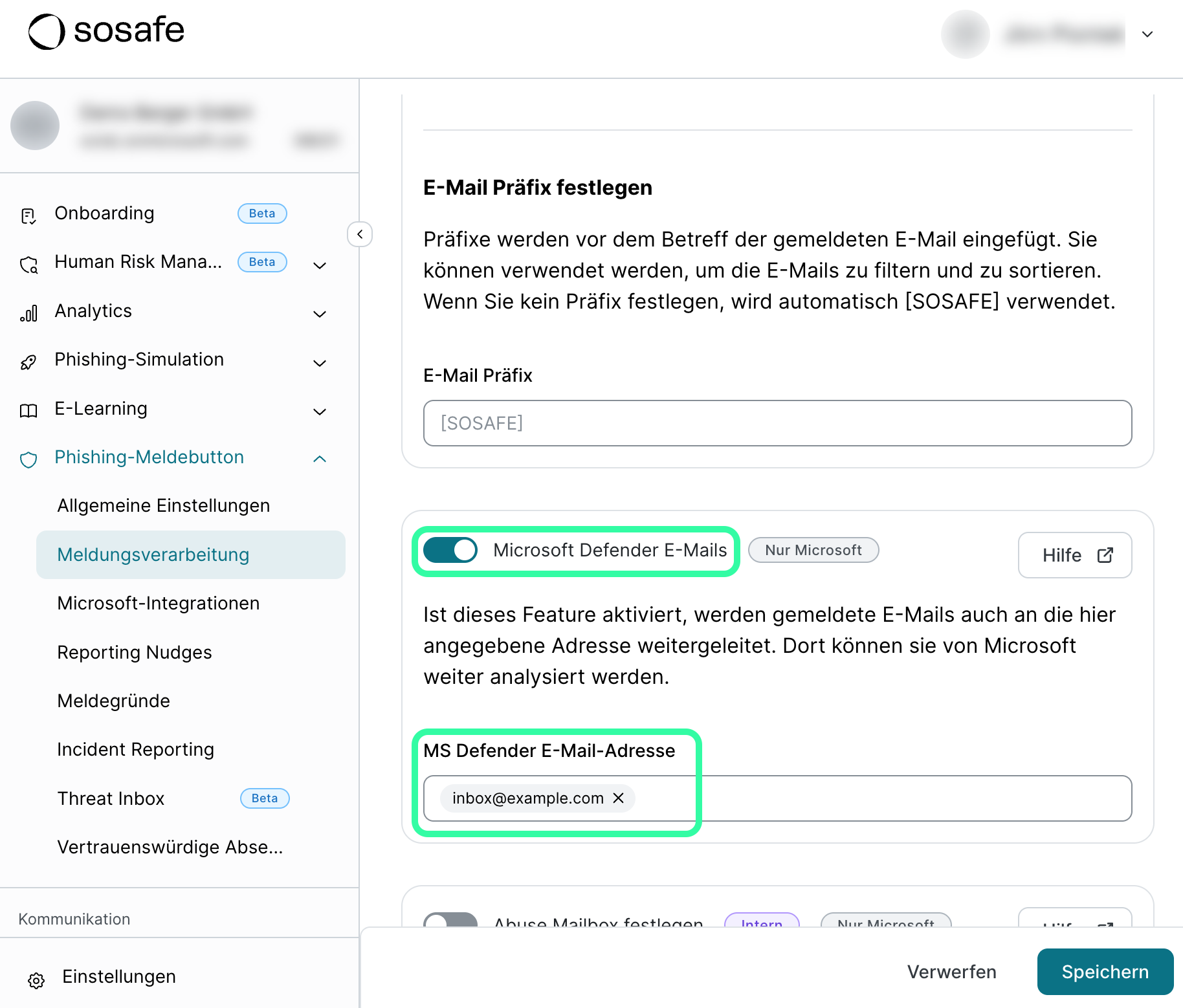 SoSafe Manager Seite Meldungsverarbeitung mit aktiviertem und markiertem Schalter Microsoft Defender E-Mails sowie dem markierten Feld MS Defender E-Mail-Adresse darunter.