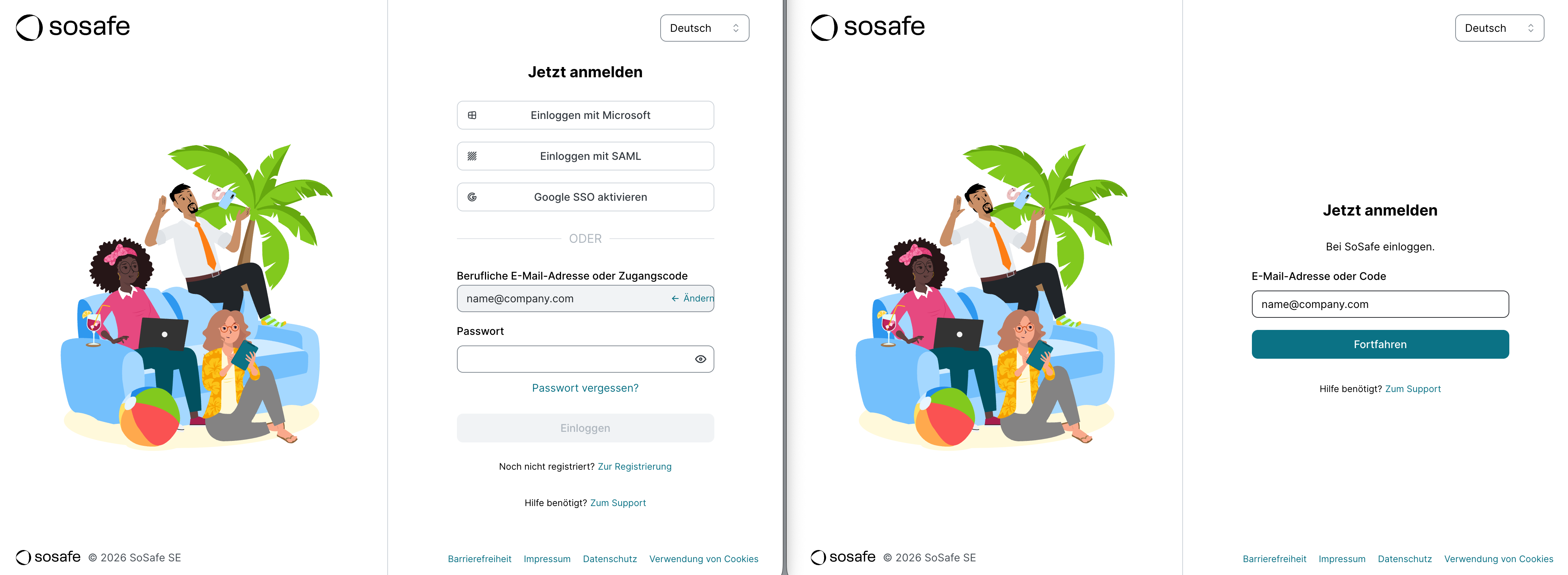 Zwei SoSafe-Anmeldebildschirme nebeneinander. Die ältere Version links listet einzelne Schaltflächen für Einloggen mit Microsoft, Einloggen mit SAML und Google SSO aktivieren über den Feldern für E-Mail-Adresse und Passwort. Die neuere Auth0-Version rechts zeigt nur ein Feld für E-Mail-Adresse oder Code mit der Schaltfläche Fortfahren.