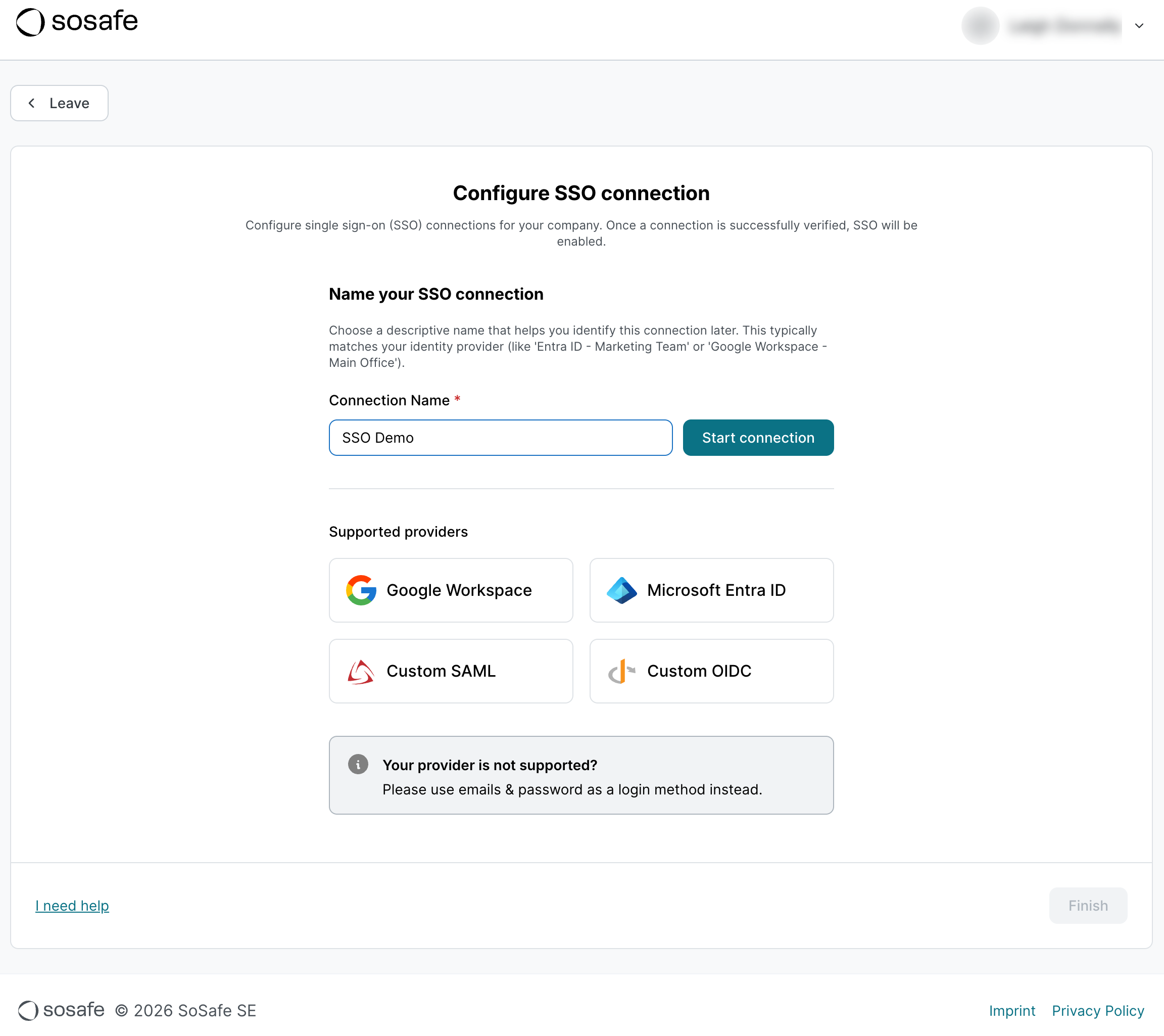 SoSafe Manager, Seite Configure SSO connection mit ausgefülltem Feld Connection Name und der Schaltfläche Start connection. Darunter werden die unterstützten Anbieter Google Workspace, Microsoft Entra ID, Custom SAML und Custom OIDC aufgelistet.