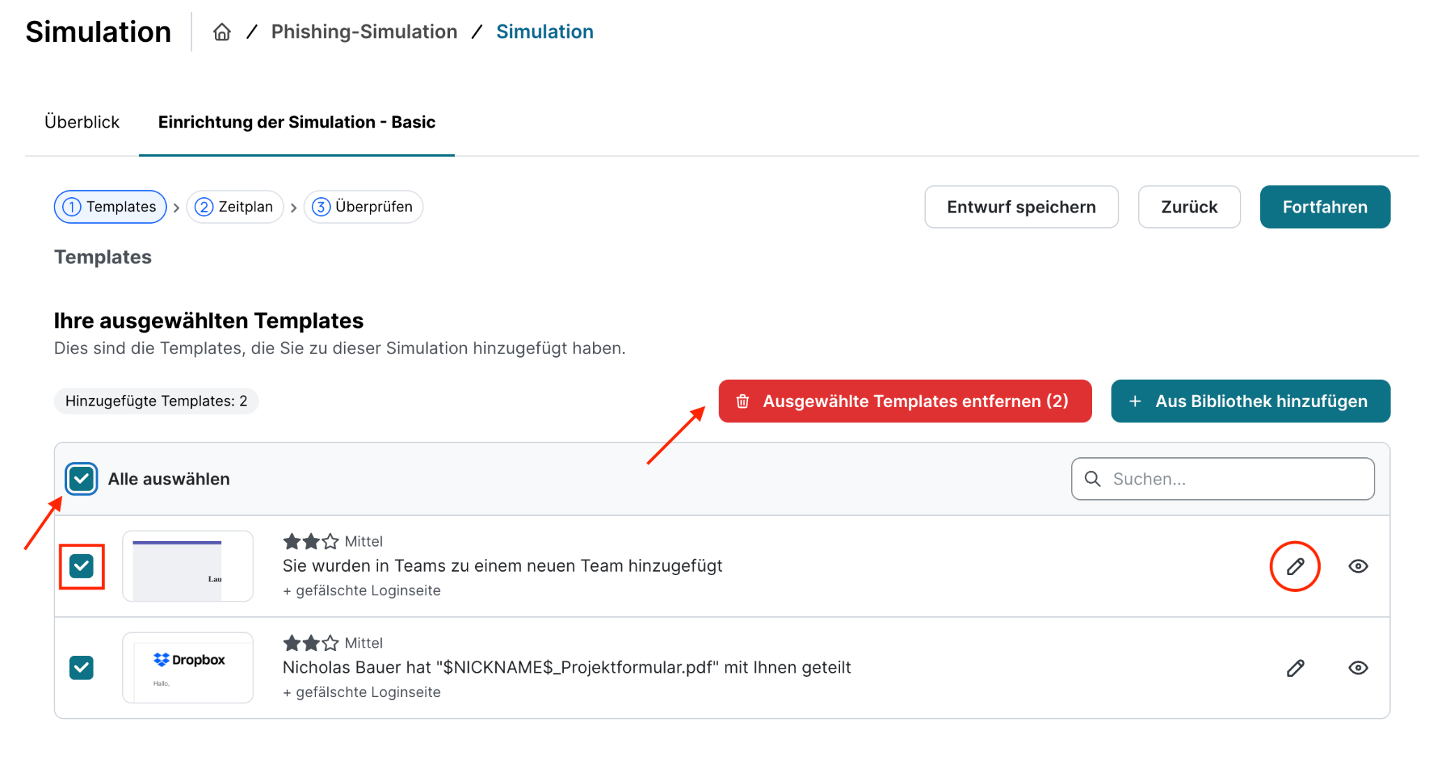 Gleiche Templates-Ansicht wie zuvor, jetzt mit rot markierten Kontrollkästchen bei Alle auswählen und beim ersten Template, der roten Schaltfläche Ausgewählte Templates entfernen sowie dem rot eingekreisten Bearbeiten-Stift beim ersten Template.