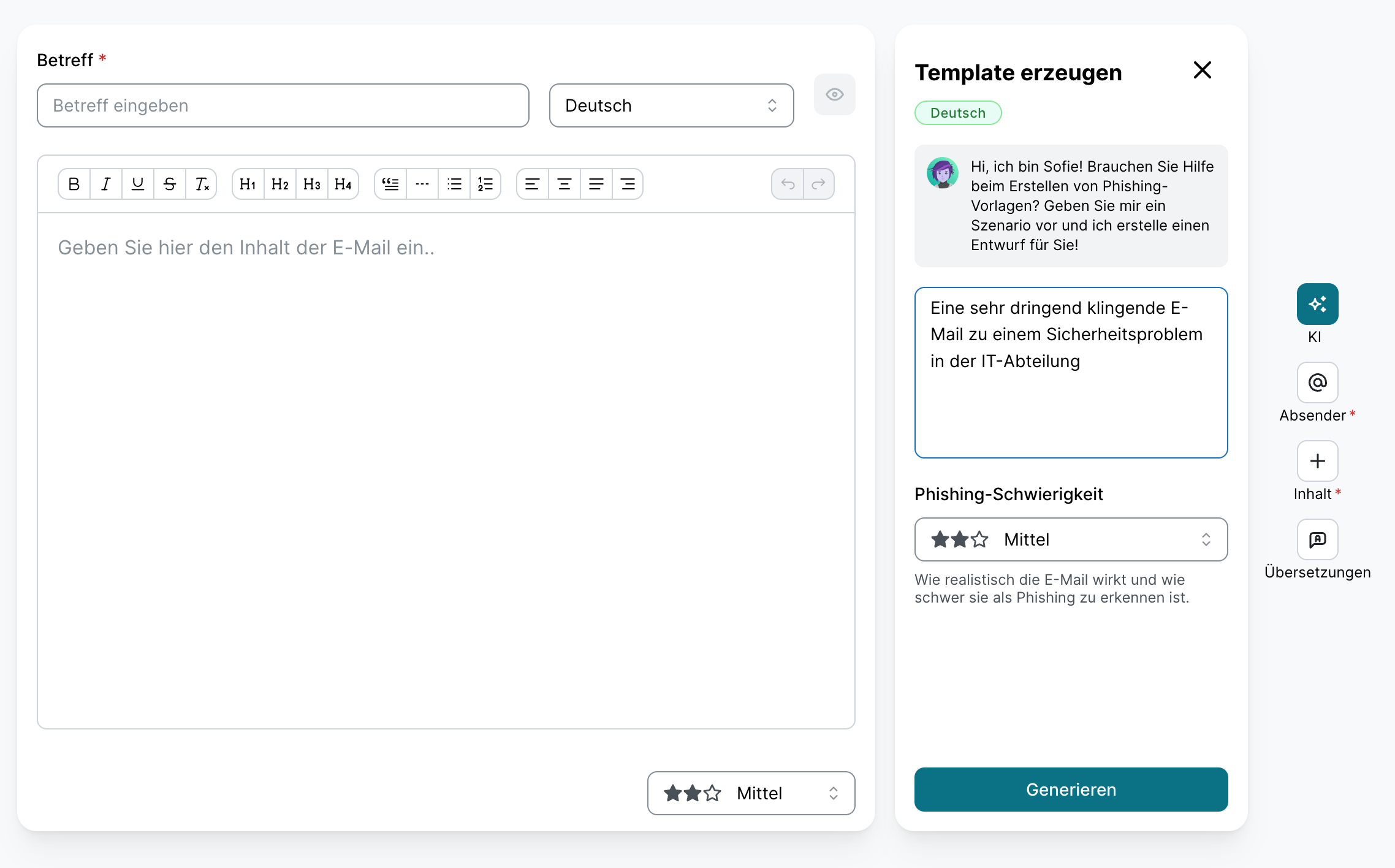 Derselbe Template-Editor mit ausgefülltem Sofie-Prompt zu einer dringenden E-Mail über ein Sicherheitsproblem in der IT-Abteilung, weiterhin mit der Phishing-Schwierigkeit Mittel, wobei die Schaltfläche Generieren jetzt aktiv ist.