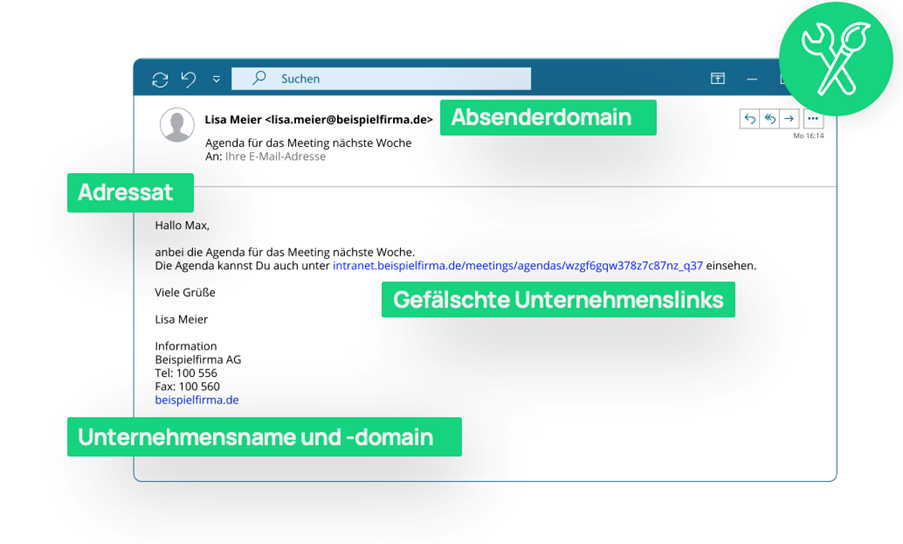 Beispiel für eine Spear-Phishing-E-Mail mit vier grünen Hinweisfeldern, die auf die Absenderdomain, den Adressaten, gefälschte Unternehmenslinks sowie Unternehmensname und -domain in der Signatur hinweisen.
