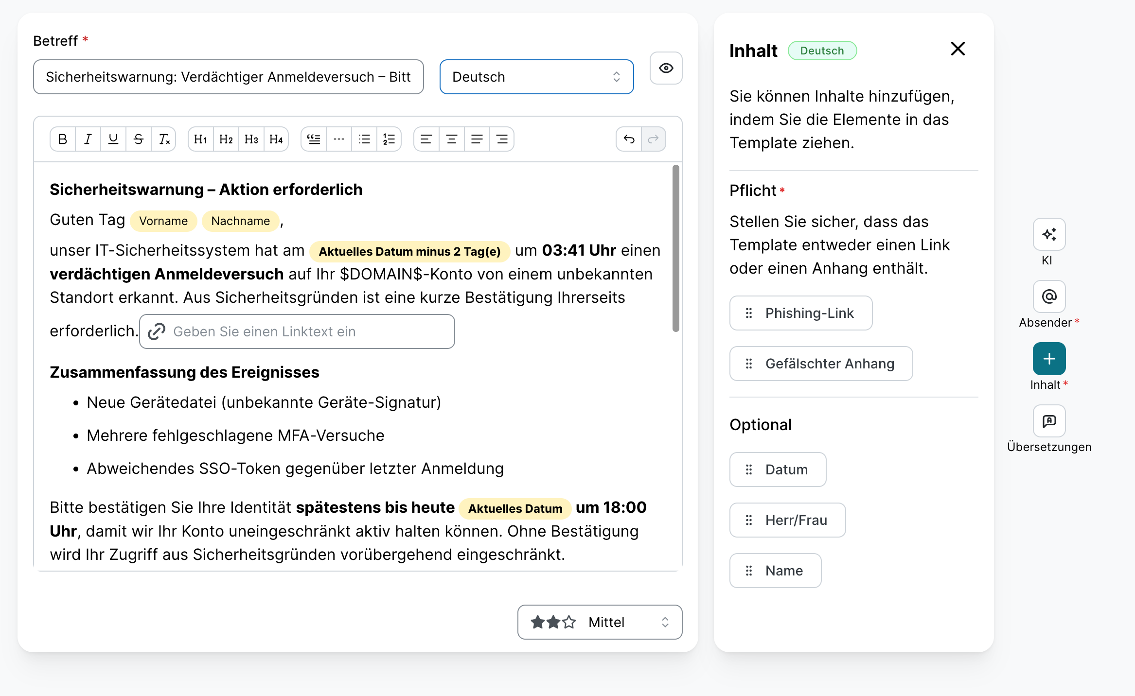 Geöffnetes Inhalt-Menü im Template-Editor mit den Pflichtelementen Phishing-Link und Gefälschter Anhang sowie den optionalen Elementen Datum, Herr/Frau und Name, die per Drag and Drop in die E-Mail eingefügt werden können.